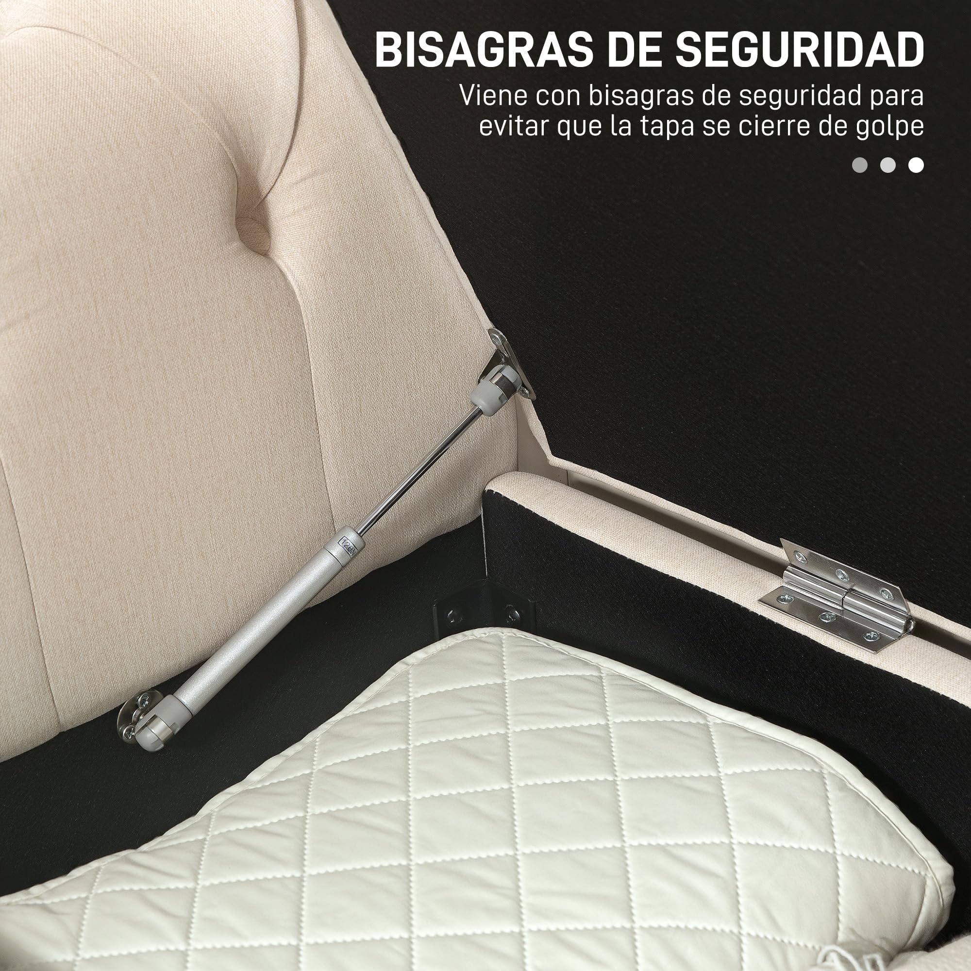 HOMCOM Banco de Almacenamiento Taburete de Almacenaje de Lino con Tapa de Bisagras Patas de Madera y Reposabrazos Enrollados para Dormitorio Salón Pasillo Carga 150 kg 146,5x49x74,5 cm Beige
