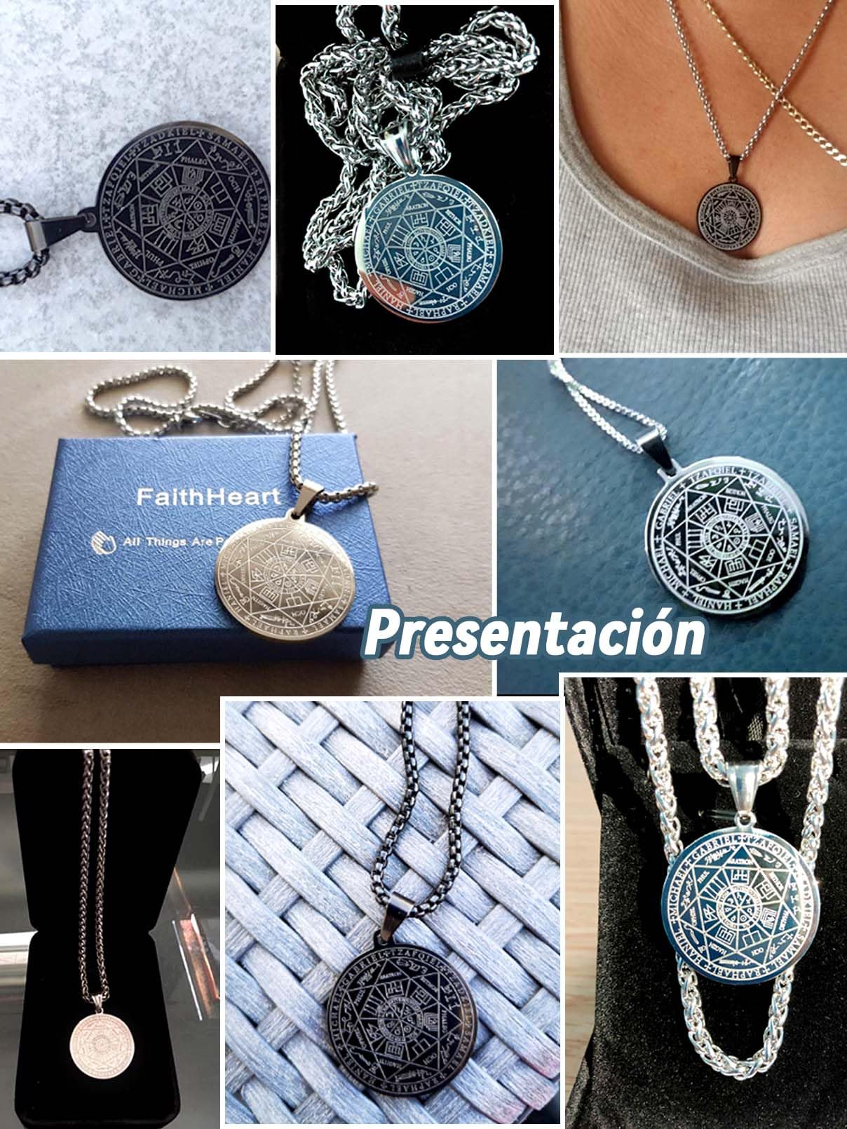 FaithHeart Collar Sello 7 Arcangeles Hombre Acero Inoxidable 316L Colgante Religioso Cristiano Amuleto Protección Talismán Familia