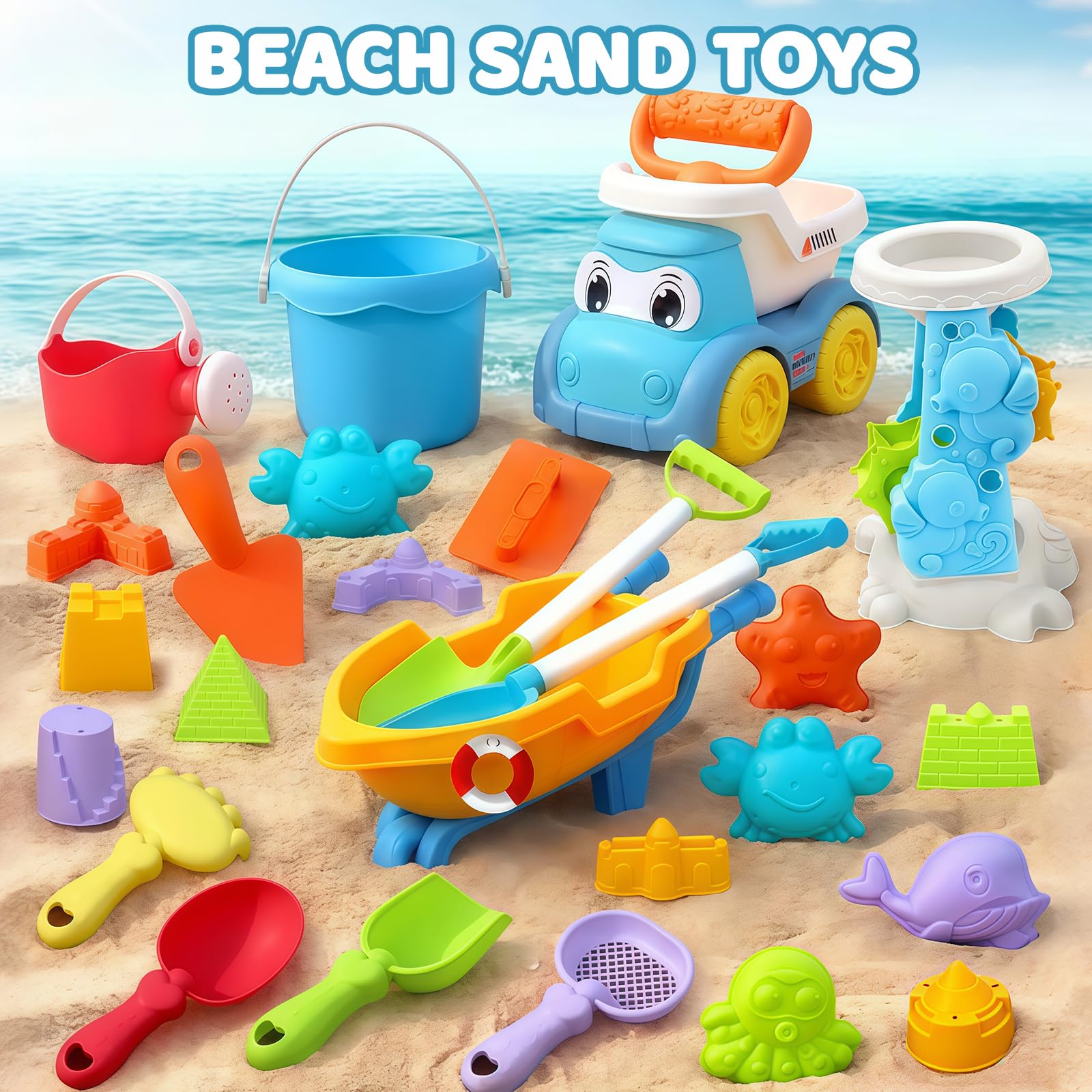 Juguetes Playa 31 Piezas, Juguetes de Playa Set para Niños con Cubo, Vehículos de Construcción, Moldes de Arena, Palas, Bolsa Malla Juguete Playa para Niñas Niños 3 4 5 6 7 Años
