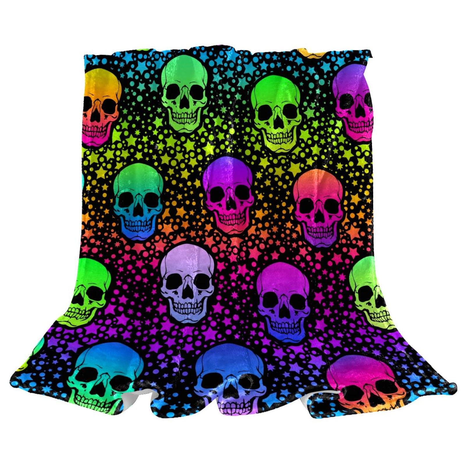 Coperta in pile con motivo a teschi al neon - morbida e leggera peluche accogliente - perfetta per letto, divano, viaggi, campeggio, 150 x 199 cm