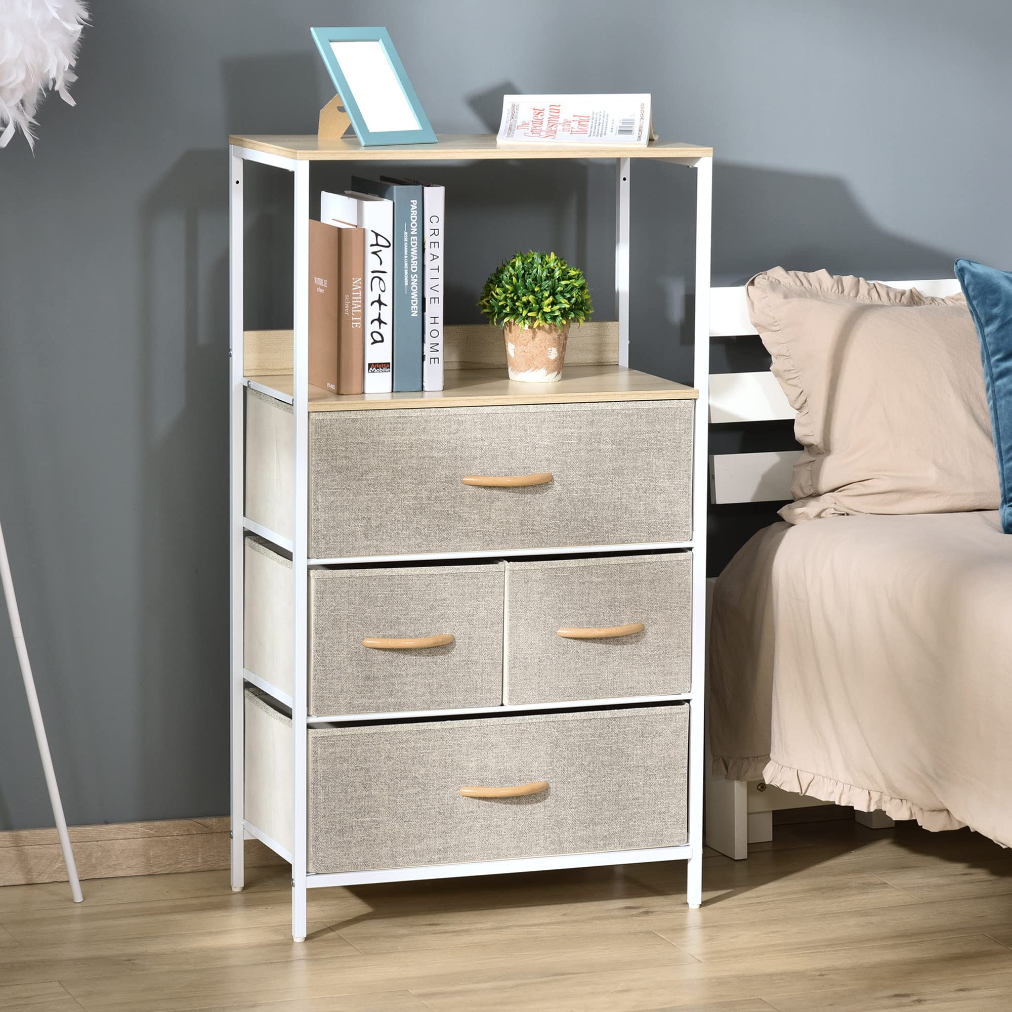HOMCOM Commode Chambre Meuble de Rangement 4 Tiroirs Tissu Gris Clair | Pliables et Amovibles, Étagères Ouvertes, Cadre en Métal, Chiffonnier, pour Salon, Chambre, Entrée