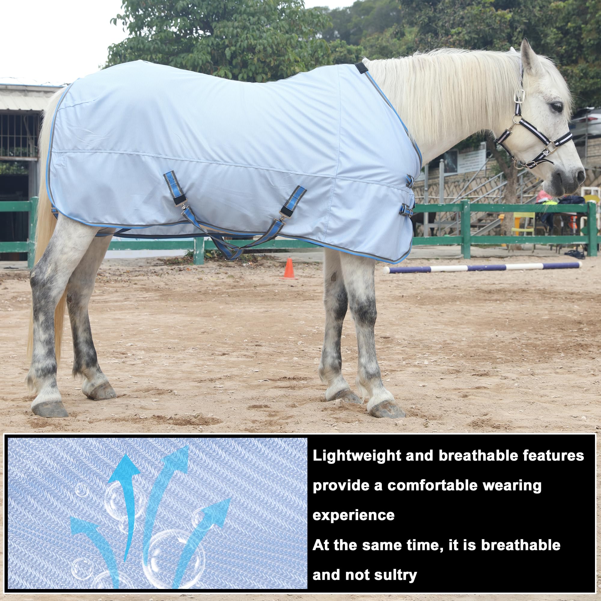 Leberna Tapis anti-mouches pour cheval – Drap en maille confortable avec protection avancée contre les UV et les insectes, tapis d'été léger pour équin (bleu clair, 1,8 m)