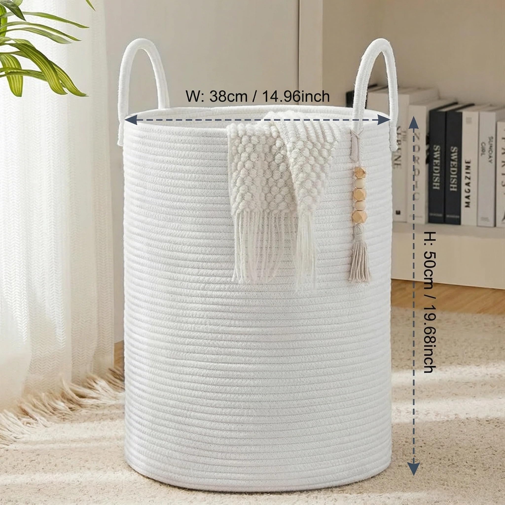 Grande cesto portaoggetti in corda di cotone intrecciato da 60 l, con manici, alto per biancheria e giocattoli, per asilo, soggiorno e camera da letto, cestino morbido e pieghevole (bianco)