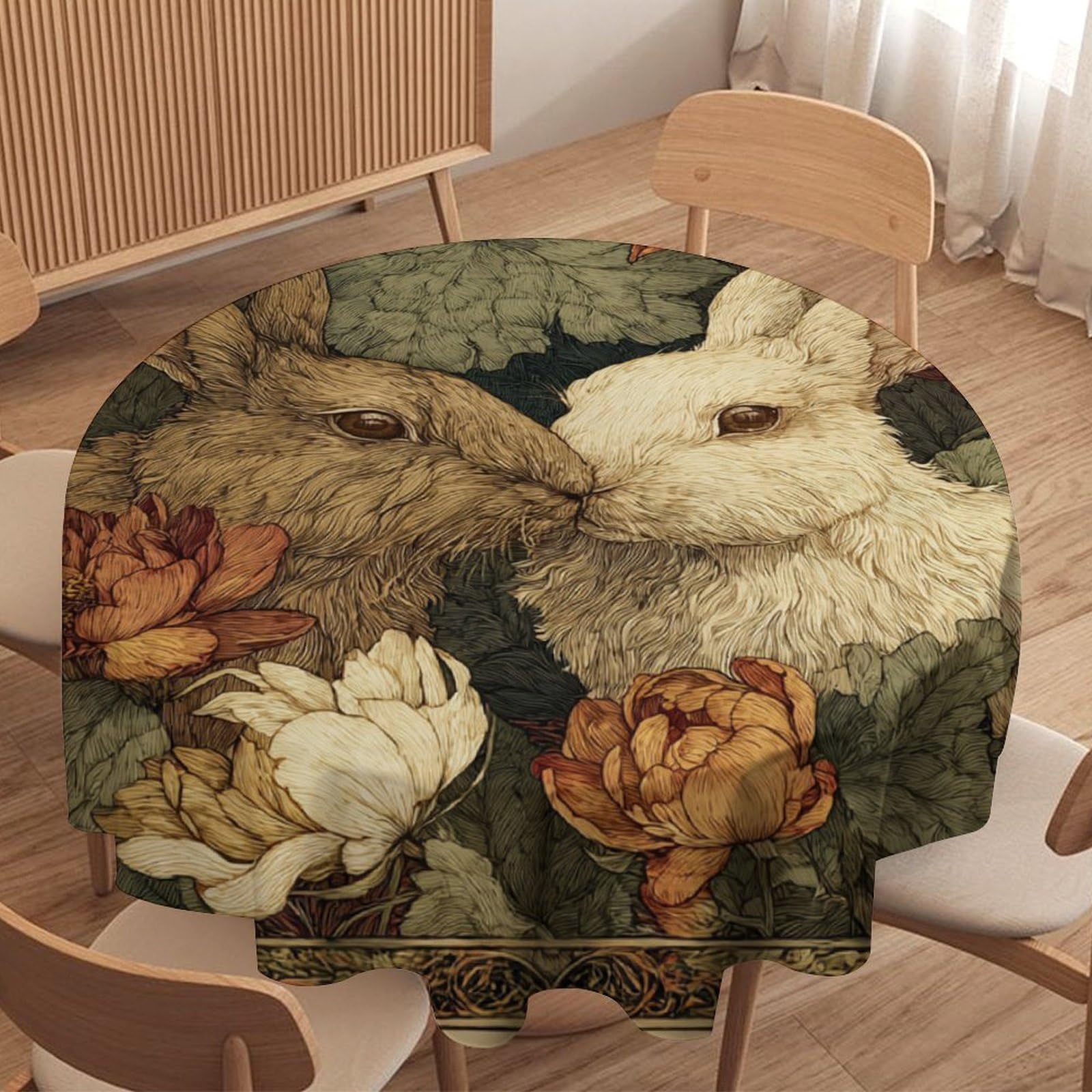 LUYYSKY Classic Aesthetic Boho Rabbits Round Tablecloth Beautiful Antique William Morris Plants Flowers Animals Bunnies Patter Washable Decor for Table Cover for Kitchen-127 Wx127 L cm
