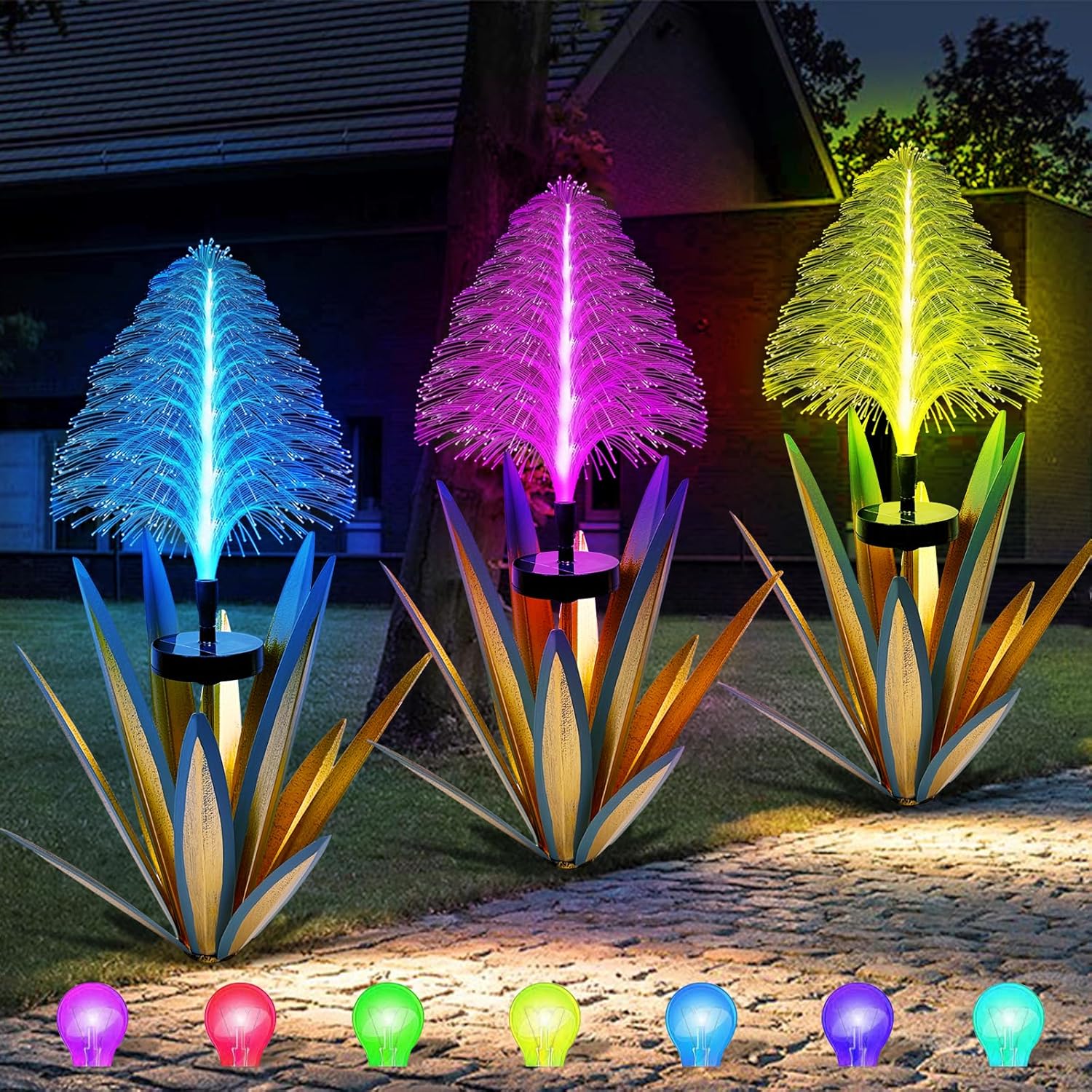 Homight Metal Outdoor Decoration Gift Christmas Decorations Outdoor Metal Agave Yard Art Garden Lights Solar Outdoor, 7 Color Changing Garden Yard Pathway Xmas Decor Waterproof (3 pcs Blue)