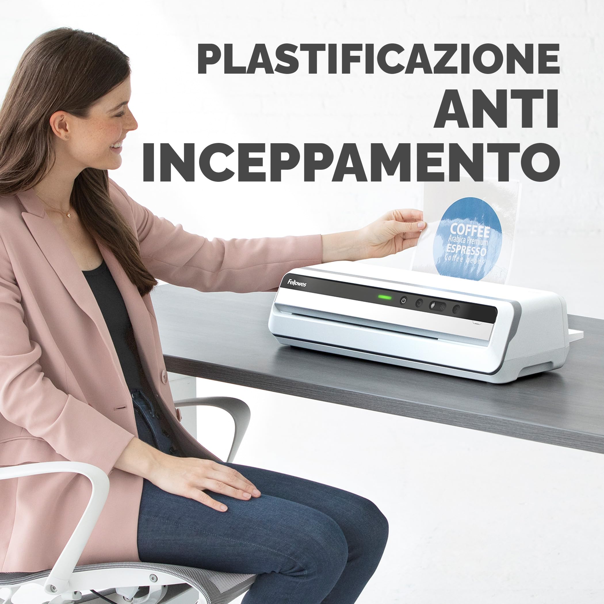 Fellowes plastificatrice a caldo Jupiter A3, formato A3, fino a 250 micron, per ufficio, riscaldamento rapido, con retromarcia e modalità riposo, colore bianco, incluso starter pack di 10 pouches