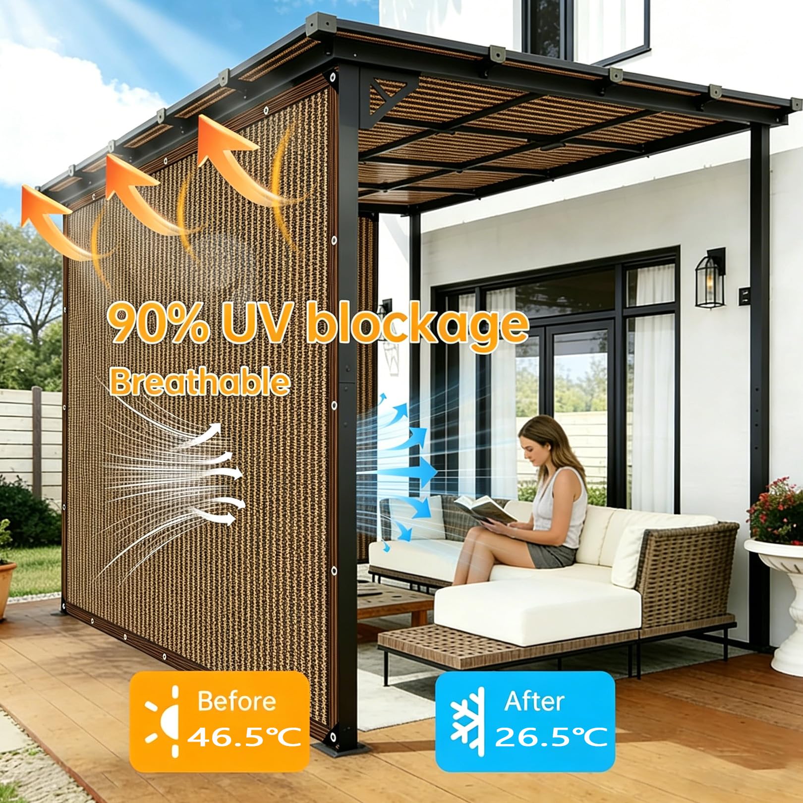 Rete ombreggiante marrone 6 x 8 m, 90% UV, isolamento termico, tessuto traspirante in HDPE, per giardino, balcone, tetto e effetto rinfrescante delle piante