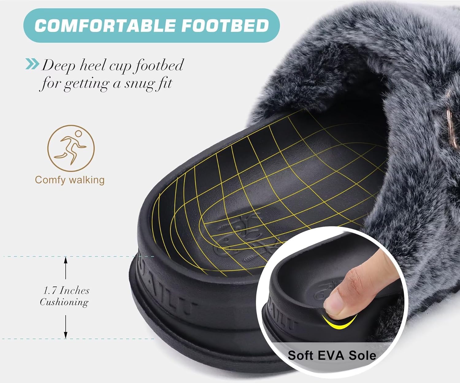 KuaiLu Women's Fluff Slippers Black Size 6, Plantar Fasciitis Arch Support Platform Slippers Ladies Fashion Open Toe Faux Fur Sliders House Slipper - Image 5