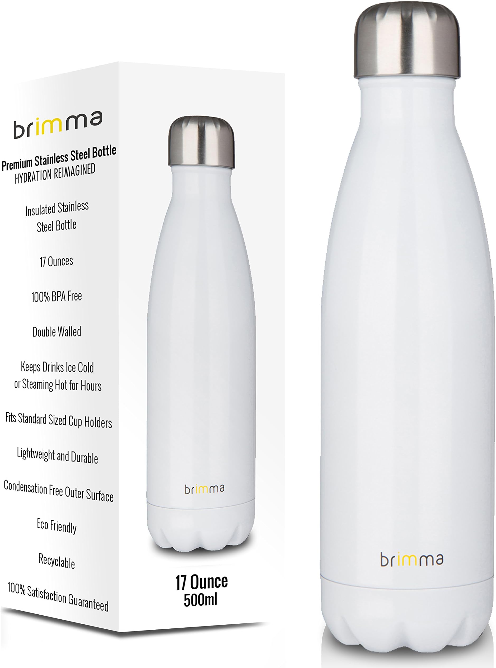 Brimma Vacuum Insulated Water Bottle - Double Wall Stainless Steel Travel Bottle for Hot & Cold Drinks - No Sweat, Leak Proof, BPA Free Thermos Flask - 17 Oz (500 ml)