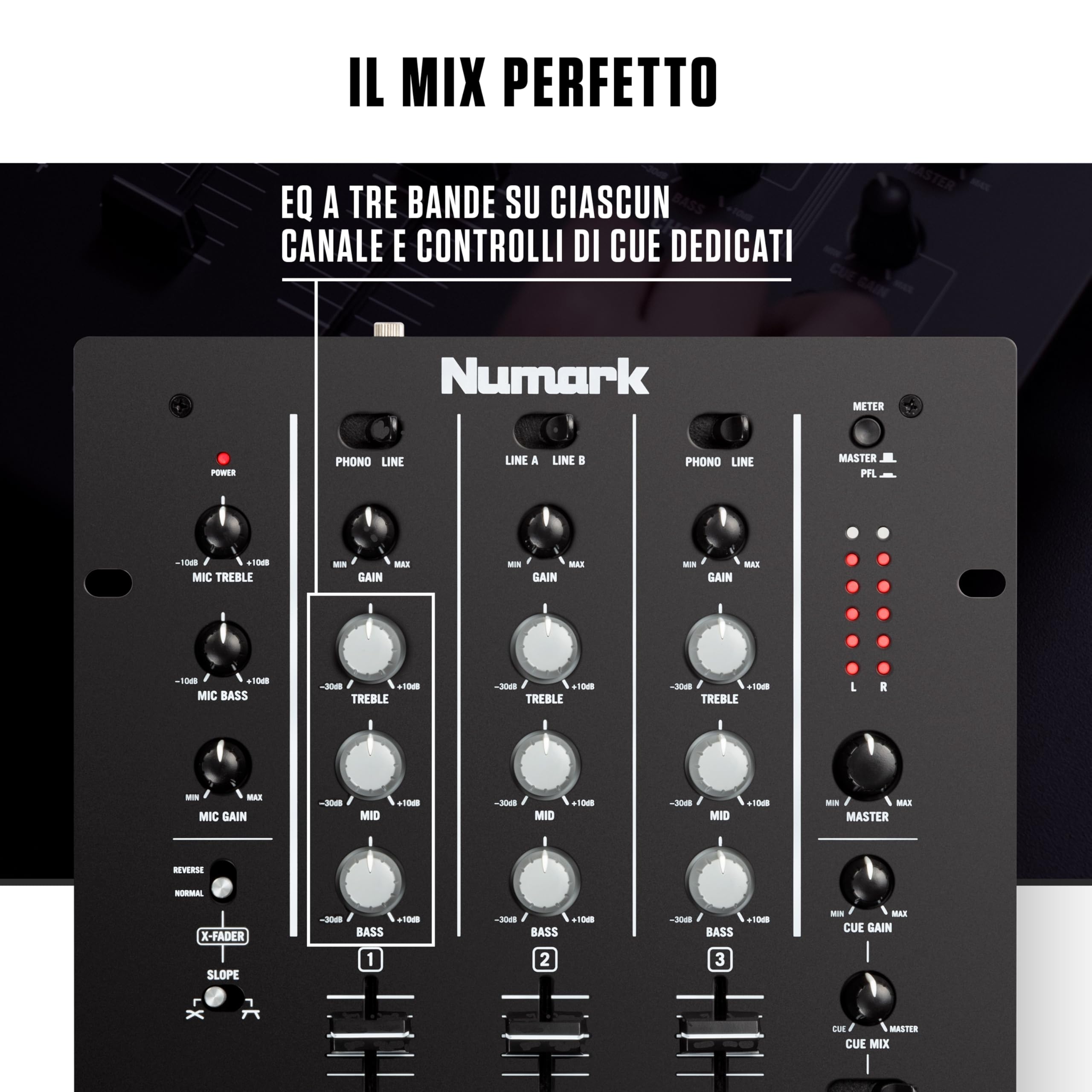 Numark M4 - Mixer Scratch 3 Canali a Rack per DJ con EQ a 3 Bande, Ingresso Microfonico, Crossfader Sostituibile e Controlli Slope e Reverse