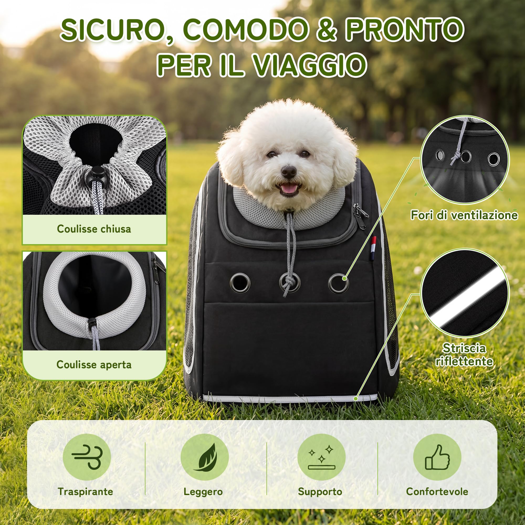 ALLSOPETS Zaino Cani Zaini Porta Cani Gatti Zaino Trasporto Cani e Cuccioli Marsupio Animali Domestici Zaino Gatto con Guinzaglio di Sicurezza per Viaggo Campeggio Escursioni (Nero Carbone)