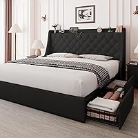 Vista 10 de Feonase - Base de cama tapizada tamaño queen con 4 cajones para almacenar, puerto tipo C y USB, estación de carga, cabecera con respaldo capitoné