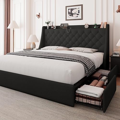 Miniatura 10 de Feonase - Base de cama tapizada tamaño matrimonial, 4 cajones para almacenar, puerto tipo C y USB, estación de carga, cabecera con respaldo capitoné