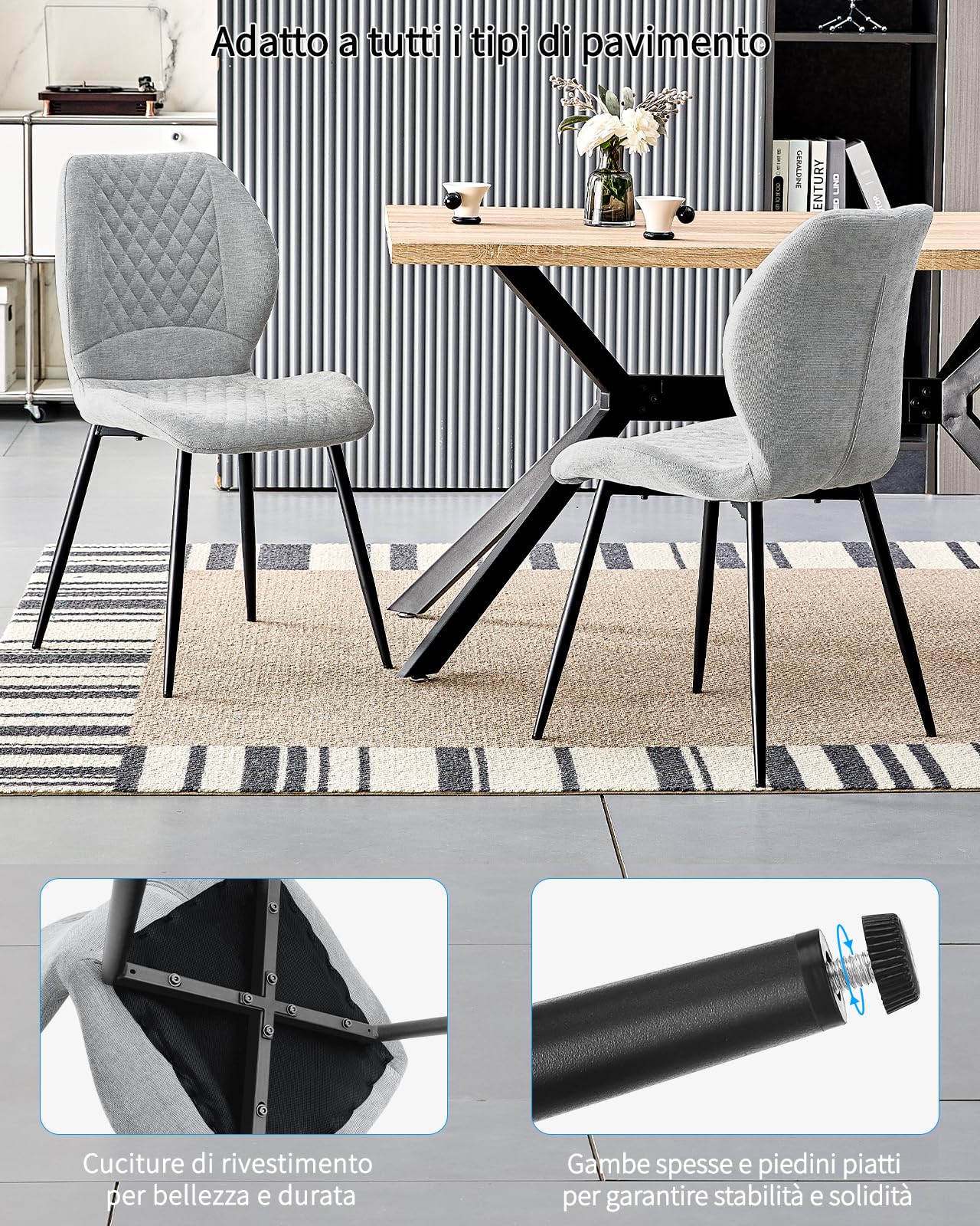 LEWE Set di 4 Sedie da pranzo in lino, stile moderno a scacchi con gamba in metallo, imbottite, sedia da cucina senza braccioli per ristorante/soggiorno/camera da letto, [grigio]