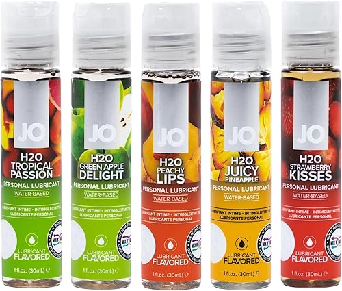 System Jo H2O Colección de lubricantes saborizados de 1 oz, 5 sabores, Tropical Passion, Green Apple Delight, Banana Lick, Juicy Piña, Strawberry