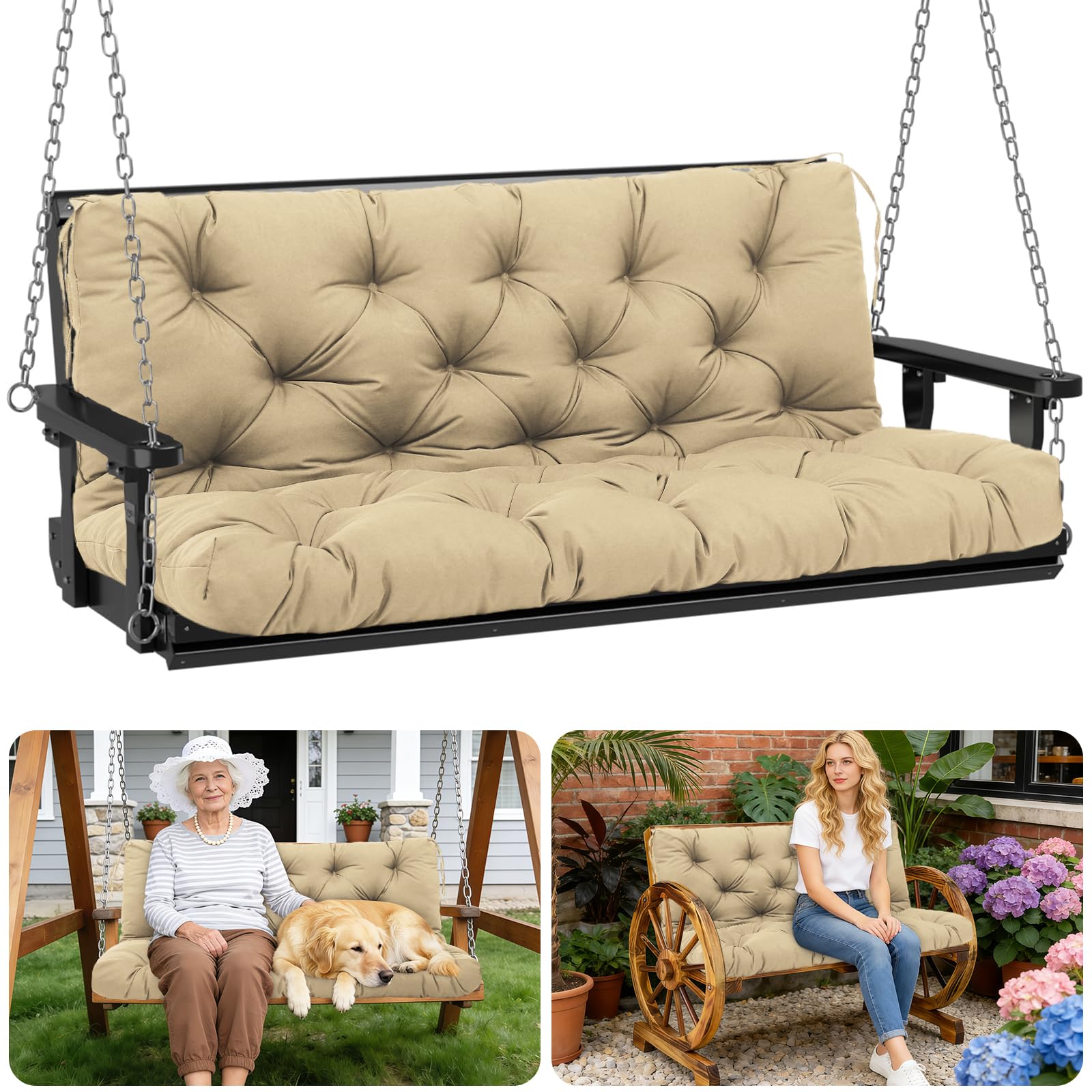 Porch Swing Cushions Outdoor 48 inch x 40 Waterproof Swing Cushions 3 Seater Replacement with Backrest &amp; 8 Ties 5" Thick Bench Swing Cushions for Outdoor Furniture Patio(Khaki)