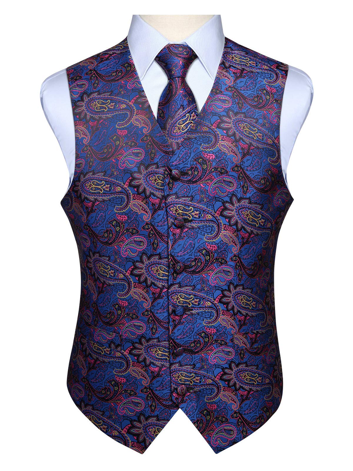 Enlision Men's Blue & Pink Paisley Floral Wedding Party Jacquard Waistcoat&Necktie And Pocket Square Vest Suit Set, Xl(Chest Size 48Inches)