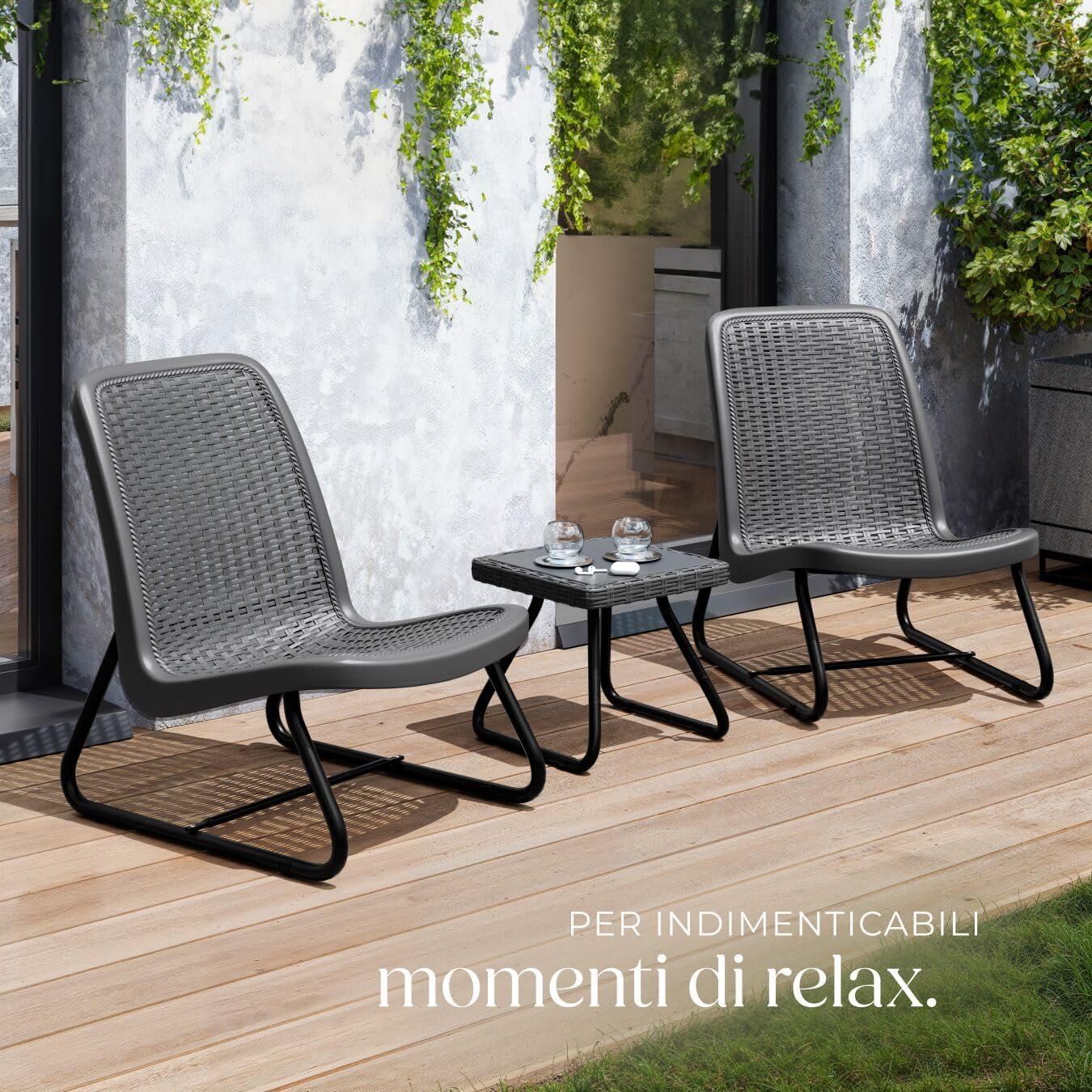 tectake® Salotto da Giardino in Rattan, Salotto da Giardino Esterno con Telaio in Acciaio, 1 Tavolino Salotto, 2 Sedie da Giardino con Schienali Ergonomici e Regolabili in Altezza - Grigio