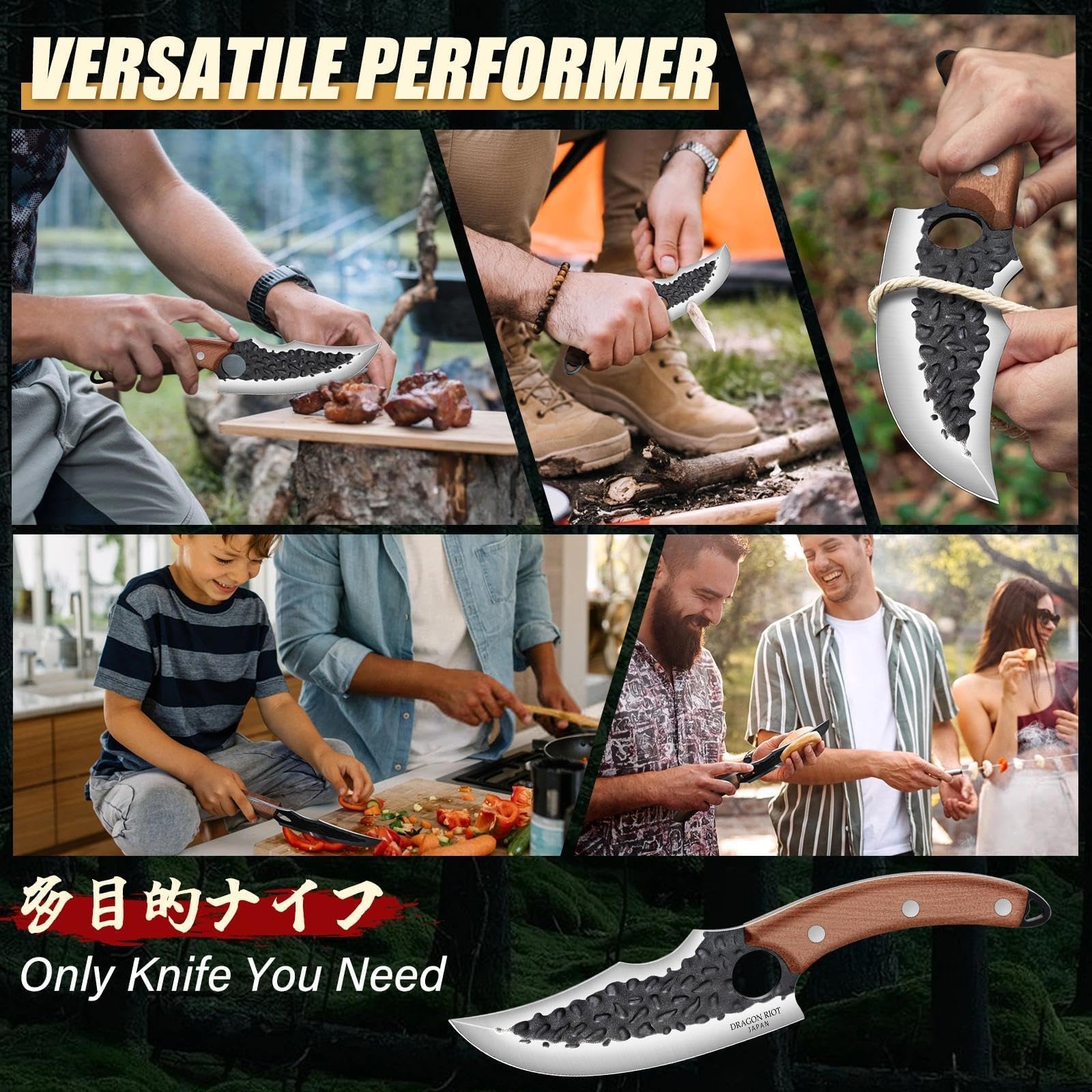 DRAGON RIOT Wikinger-Messer zum Fleischschneiden, Geschmiedetes Japanisches Küchenmesser - Scharf Grillmesser, Japanisches Messer für Küche und Outdoor BBQ, Geschenkidee für Männer (Ohne Scheide)