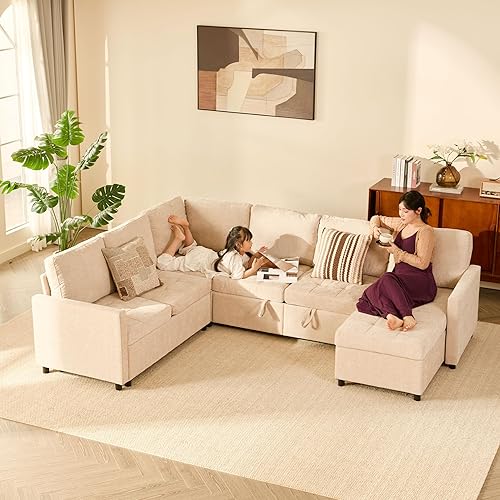 Miniatura 7 de Sofá cama modular de 107 pulgadas con cama extraíble, sofá modular en forma de U con almacenamiento, sofás de asiento extra anchos y profundos para