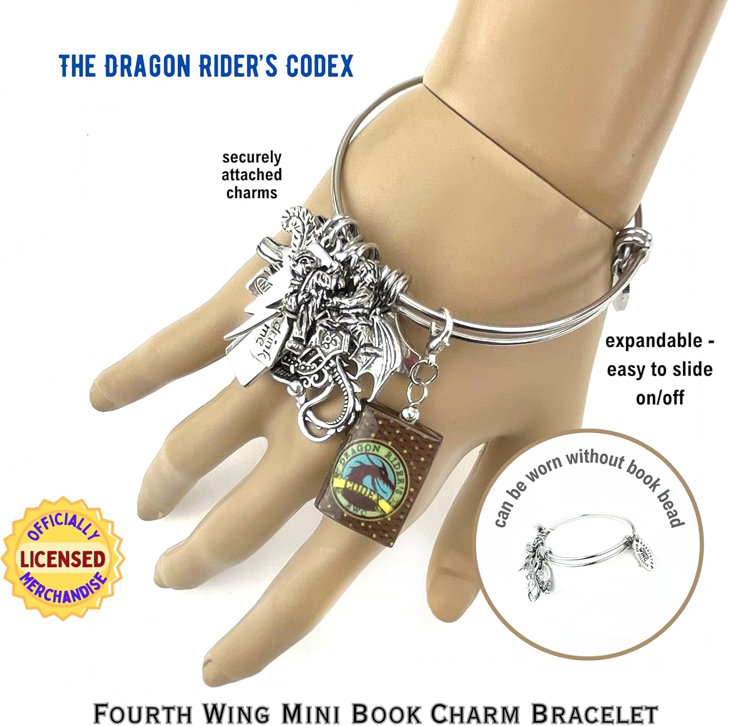 FOURTH WING Rebecca Yarros Charm Bracelet Bangle UPICK Book Bead Violet Sorrengail Library Licensed Merch