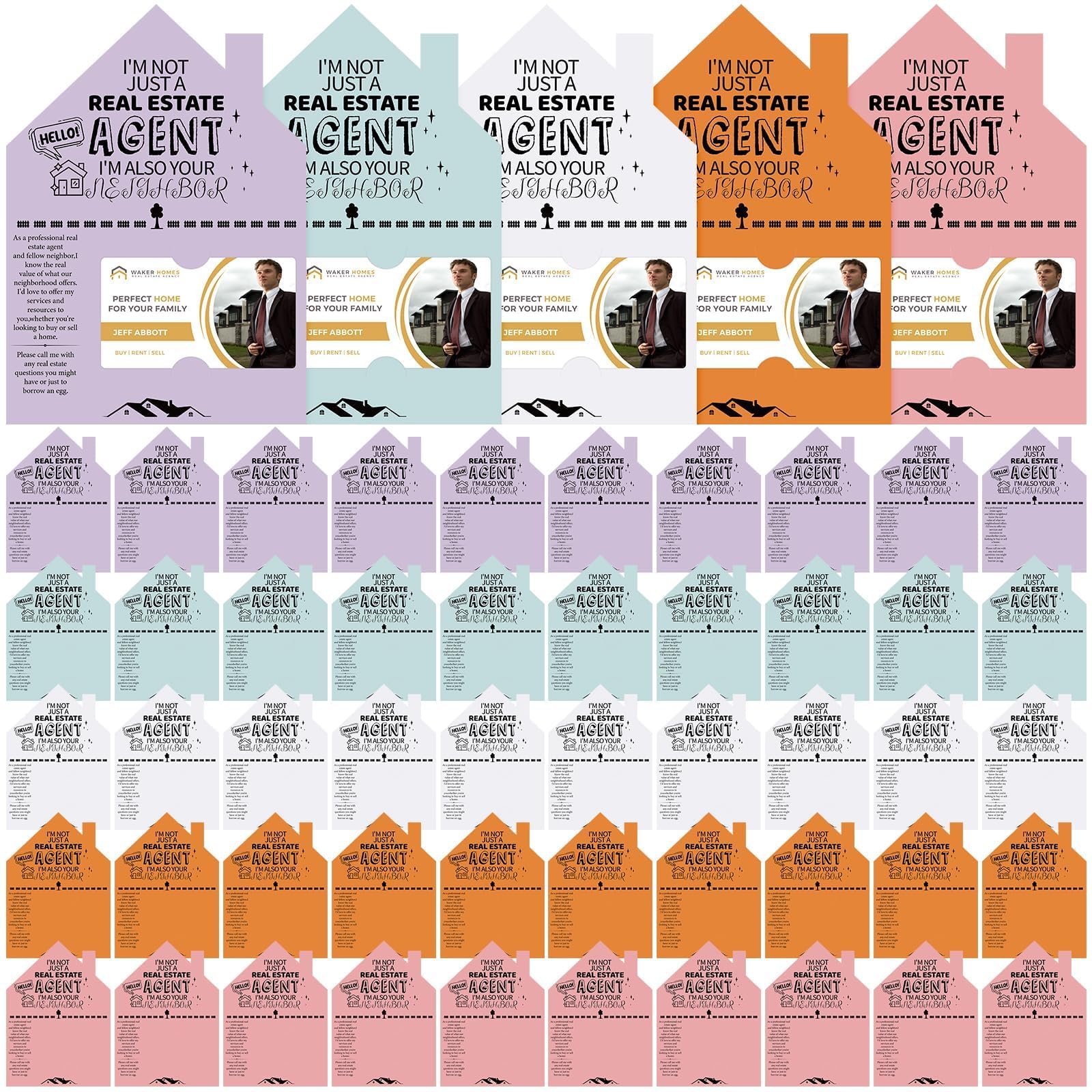 50-Pack Real Estate Agent Cards Kit-House-Shaped Cards (5x7”) Business Card Slot-5 Colors-Open House Marketing Supplies for Realtors, Home Sellers, Buyers & New Real Estate Agent Introduction cards