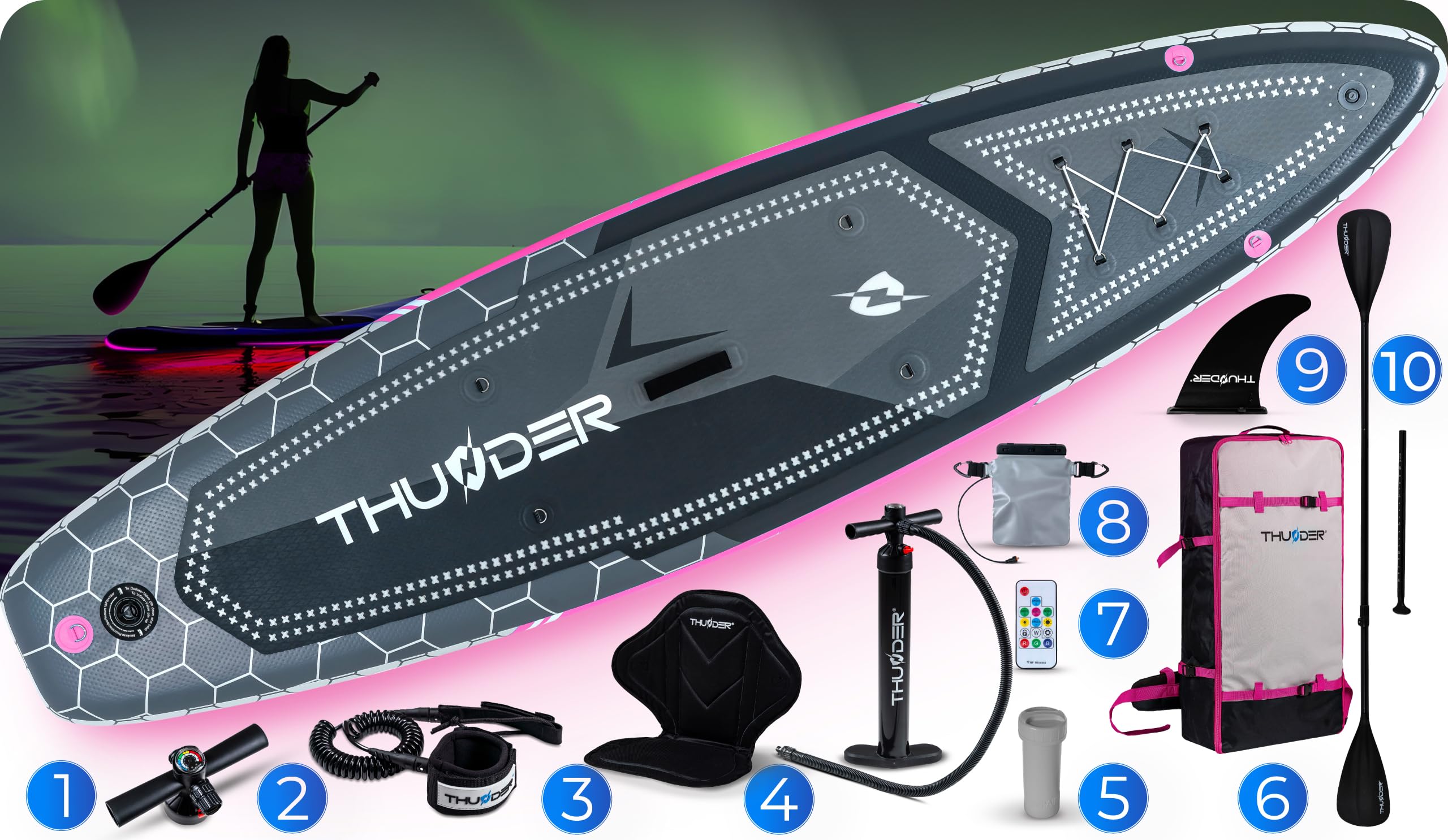 THUNDER Pro LED Sup Board 320 cm avec Siège Kayak – Stand Up Paddle Board Gonflable avec Éclairage RGB LED, Pompe, Pagaie & Sac à Dos – Set Sup jusqu'à 150 kg