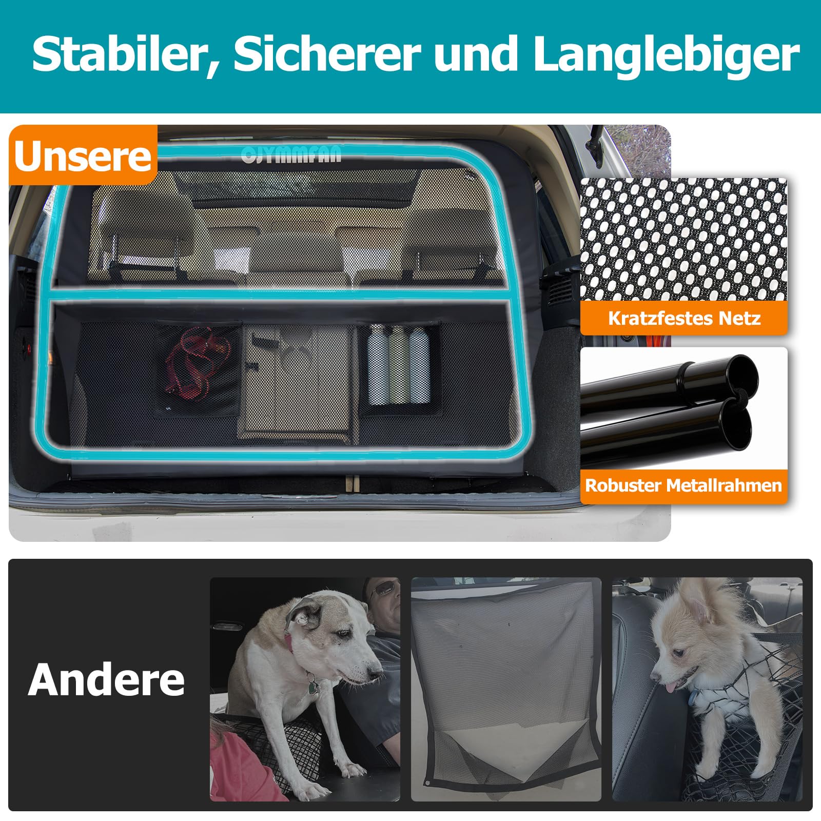 Hundegitter für Auto Rücksitz & Kofferraum mit Breiterer Abdeckung, Universal Fit für Auto & SUV, Hunde Auto Trenngitter mit Transparentem Netz und Stabilem Metallrahmen Hundeschutzgitter