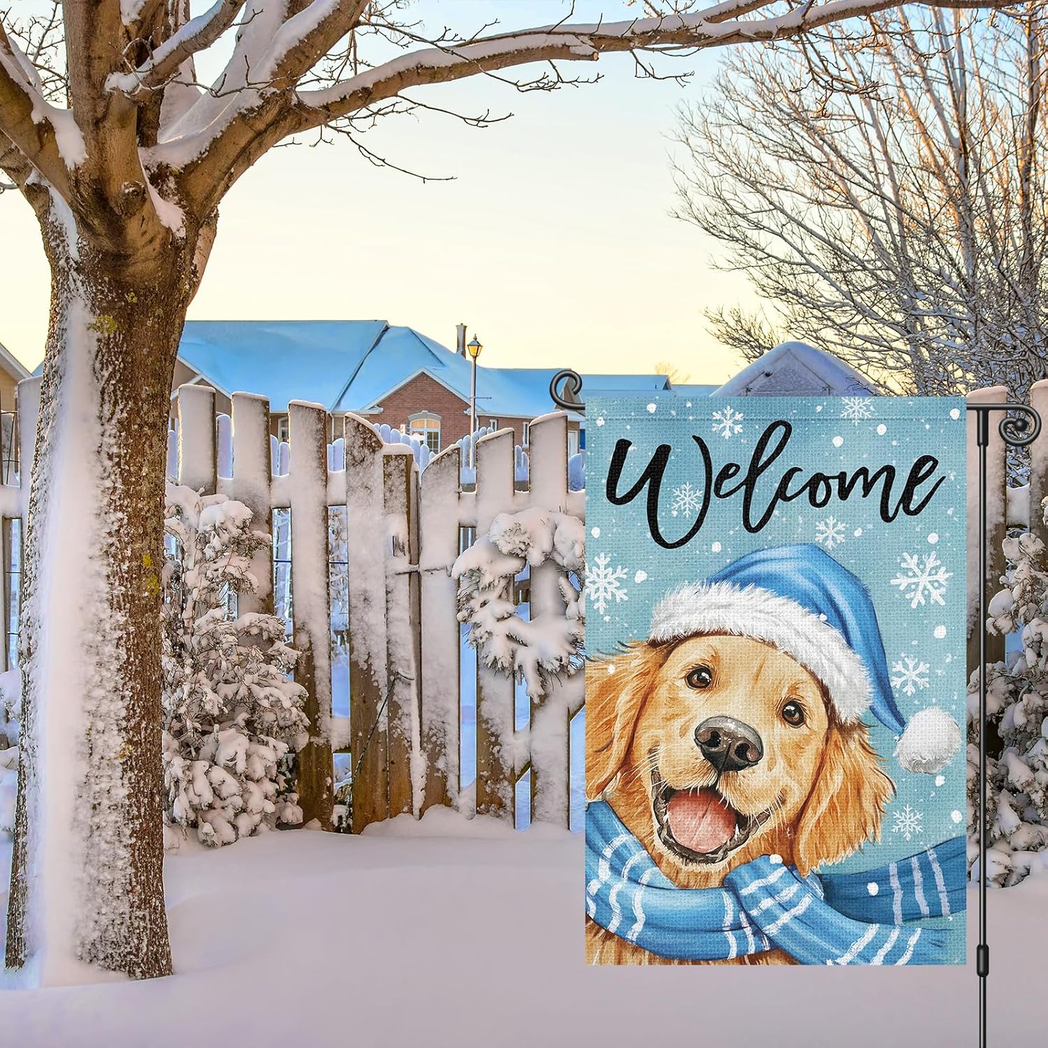 Louise Maelys Winter Welcome Garden Flag Golden Retriever Snowflake 12x18 Inch Double Sided Snowy Christmas Xmas Holiday Seasonal Small Burlap Yard Sign Outside Outdoor House Decor - Image 3