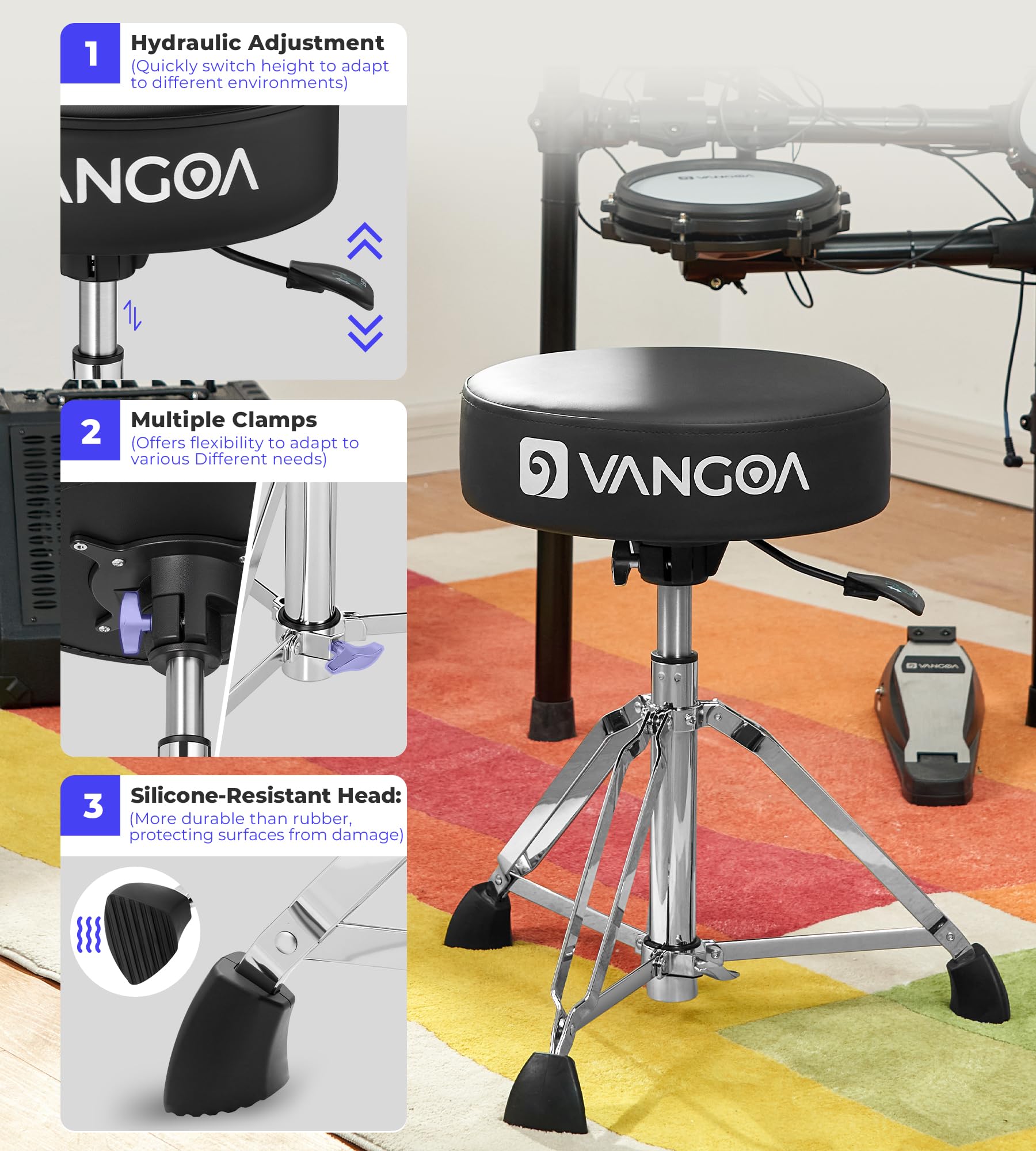 Vangoa Drum Throne Hydraulischer Sitz VDT20 Runder Trommelstuhl, verstellbar, gepolstert, verdickter Trommelsitz mit Anti-Rutsch und doppelstrebigen Füßen, hydraulischer Trommelstuhl, Schwarz