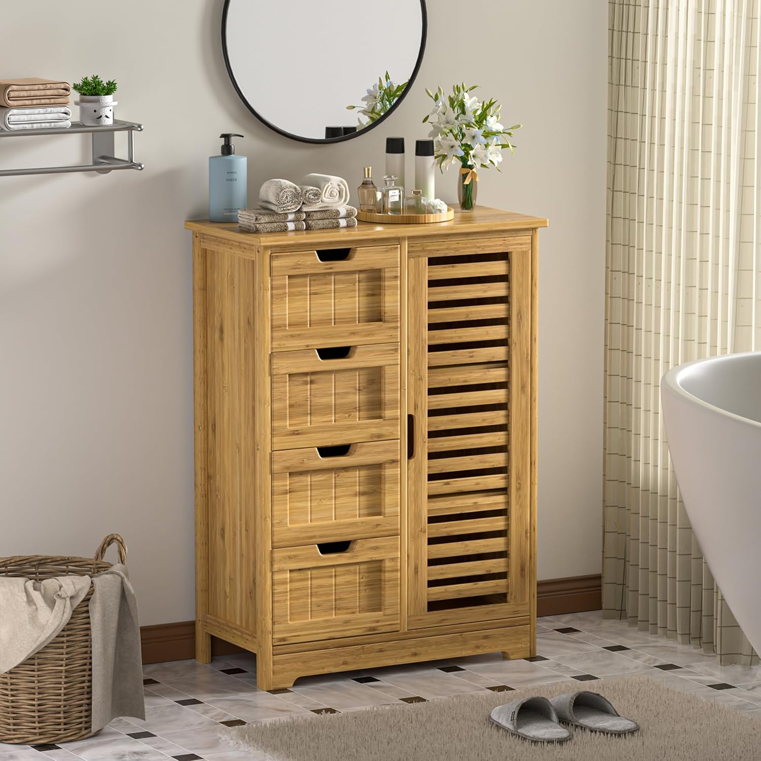 MUPATER Small Storage Cabinet Bamboo with 4 Drawers and 1 Cupboard, Freestanding Compact Floor Cabinet Bamboo for Entryway and Bathroom, Natural