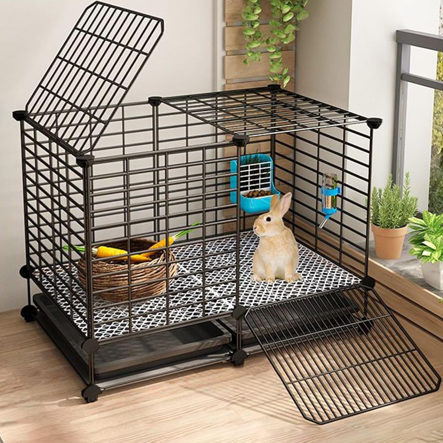 Genérico Jaula Grande para Conejos de Interior con Ruedas, Bandeja y Almohadillas extraíbles, Ideal para Chinchillas y Mascotas pequeñas, espaciosa (75 x 39 x 48 cm), Duradera, Color Negro.