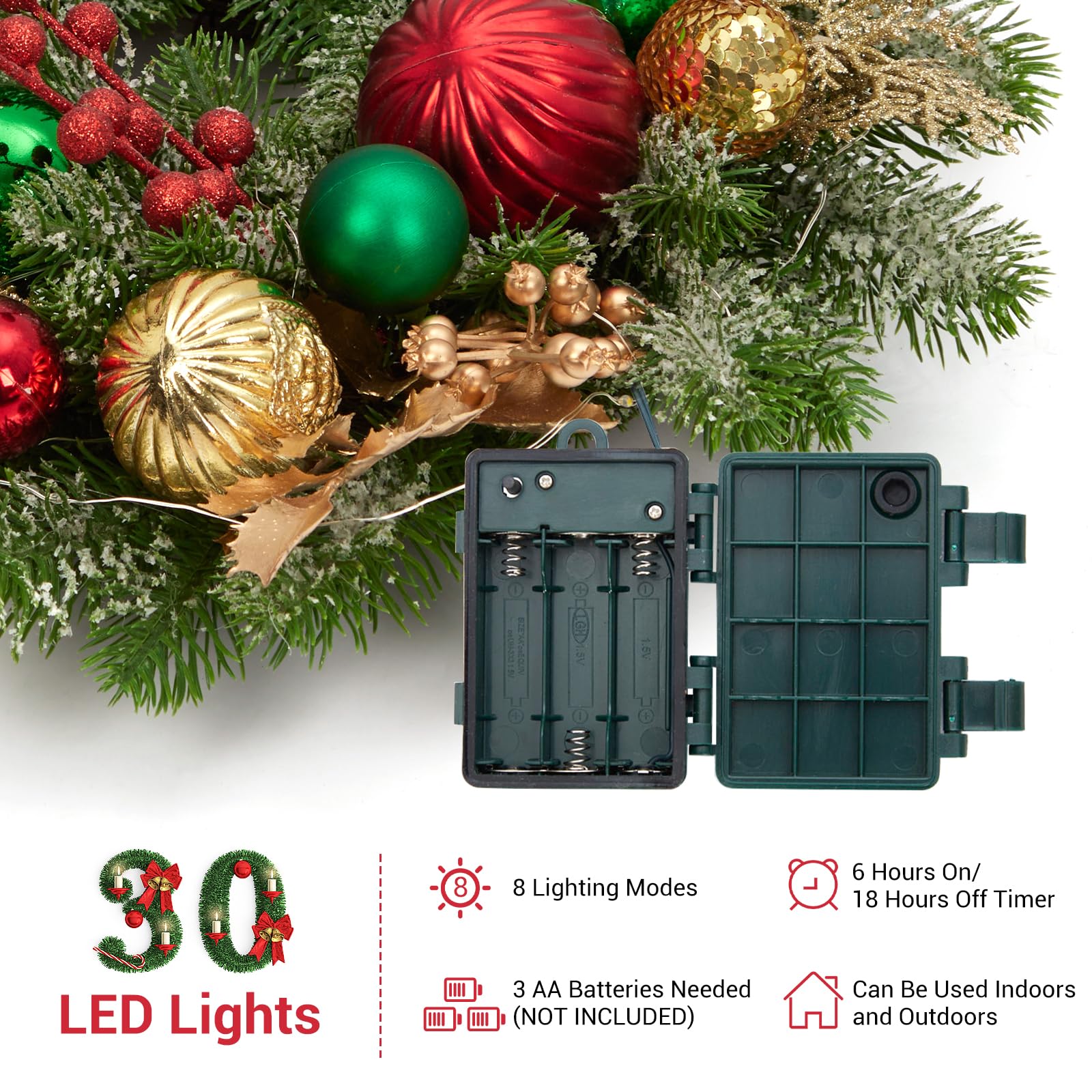 Couronne de Noël de 40,6 cm pour porte d'entrée, couronne de Noël lumineuse avec 30 lumières LED, minuteur, boules de Noël rouges, vertes, dorées, à piles, couronne d'hiver floquée pour