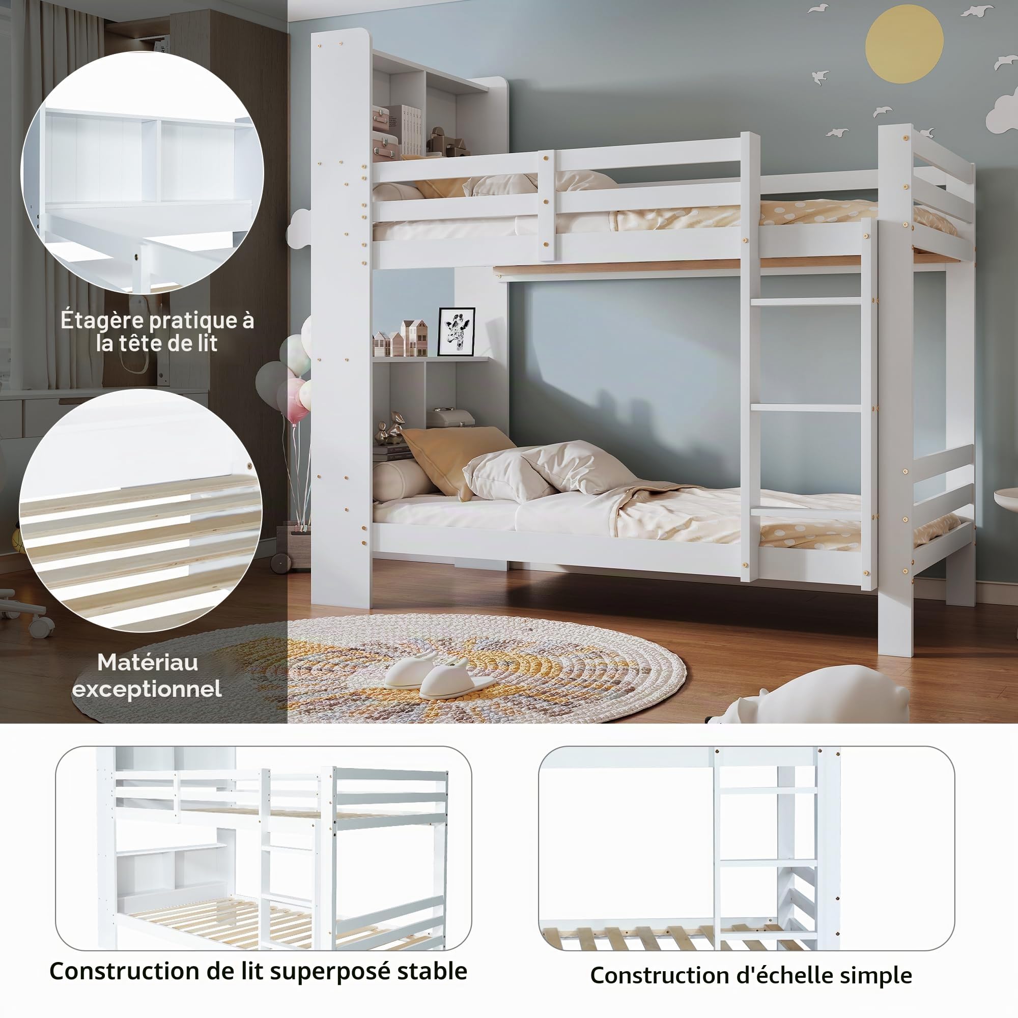 Sapgaks Lit superposé 90 x 200 cm avec étagères de Rangement et échelle 3 Niveaux, sommier en Bois Massif, Blanc (Cadre de lit Uniquement)