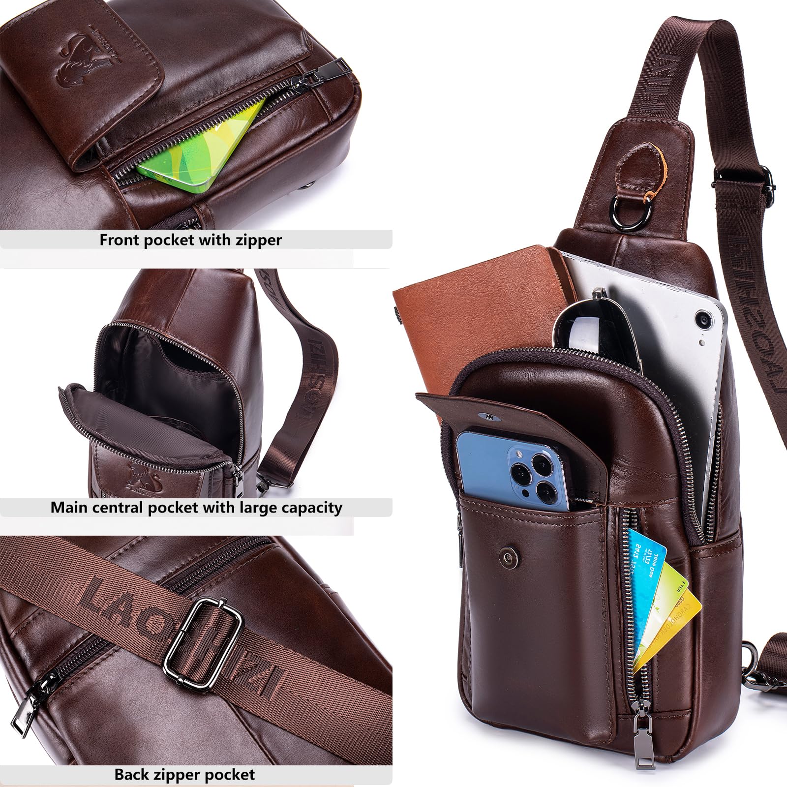 Sacoche Homme Cuir Véritable Bandoulière Réglable Sac de Poitrine Homme