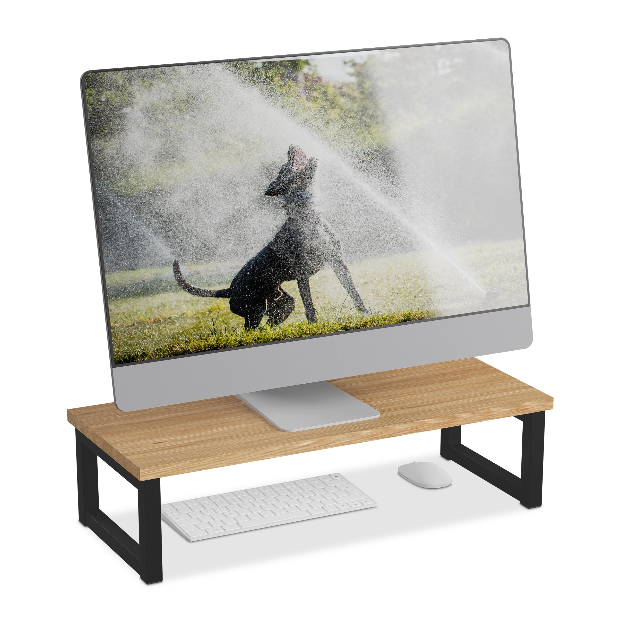 Relaxdays Supporto per Monitor, Alza Schermo PC per Scrivania, HLP: 15x55x23 cm, Organizer Ufficio, Ferro, Legno Nero