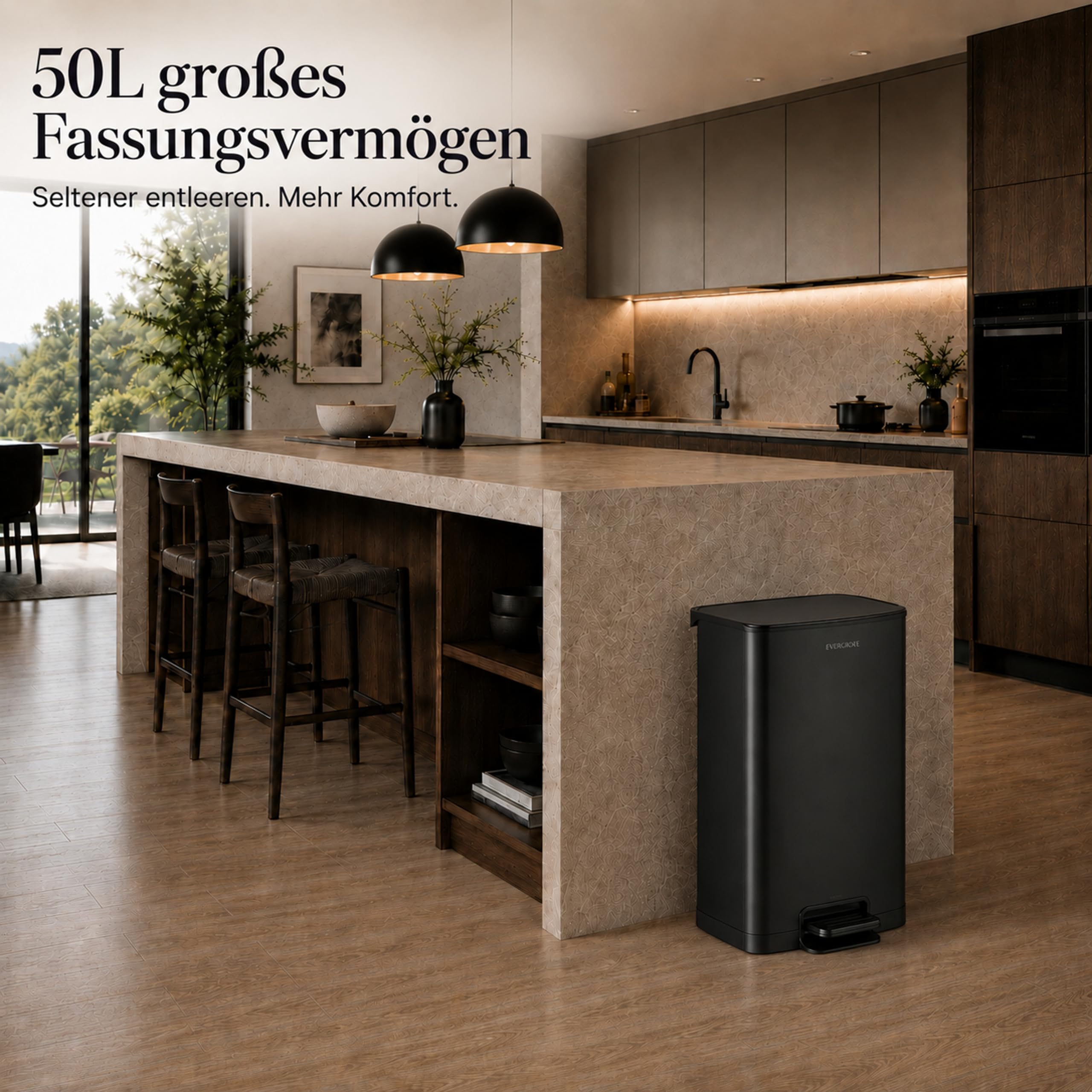 EverGrove Recycling Edelstahl-Mülleimer mit Fußpedal (Schwarz, 50, Liter) | Treteimer‑Pedal, Soft‑Close Deckel, herausnehmbarer Inneneimer und Mülltrennungssystem