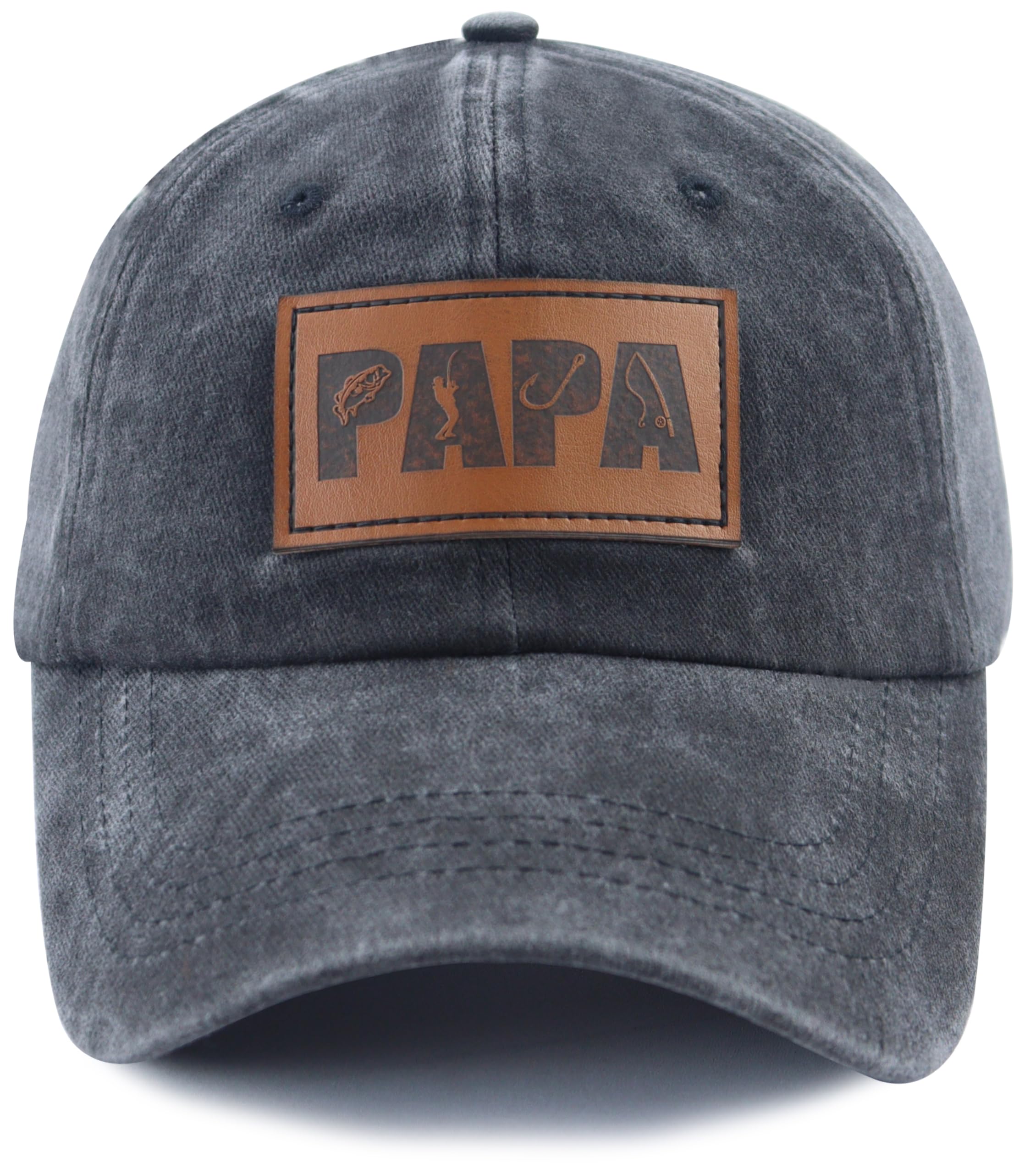 Fishing Papa Hats for Men, Vintage Cotton Fishing Decor Leather Patch Baseball Cap for Dad Papa
