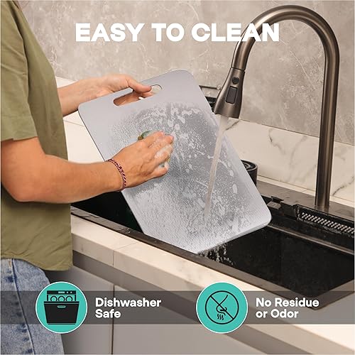 Miniatura 7 de Tabla de cortar de acero inoxidable, paquete de 3 tablas de cortar higiénicas y resistentes a los arañazos para cocina con alfombrilla