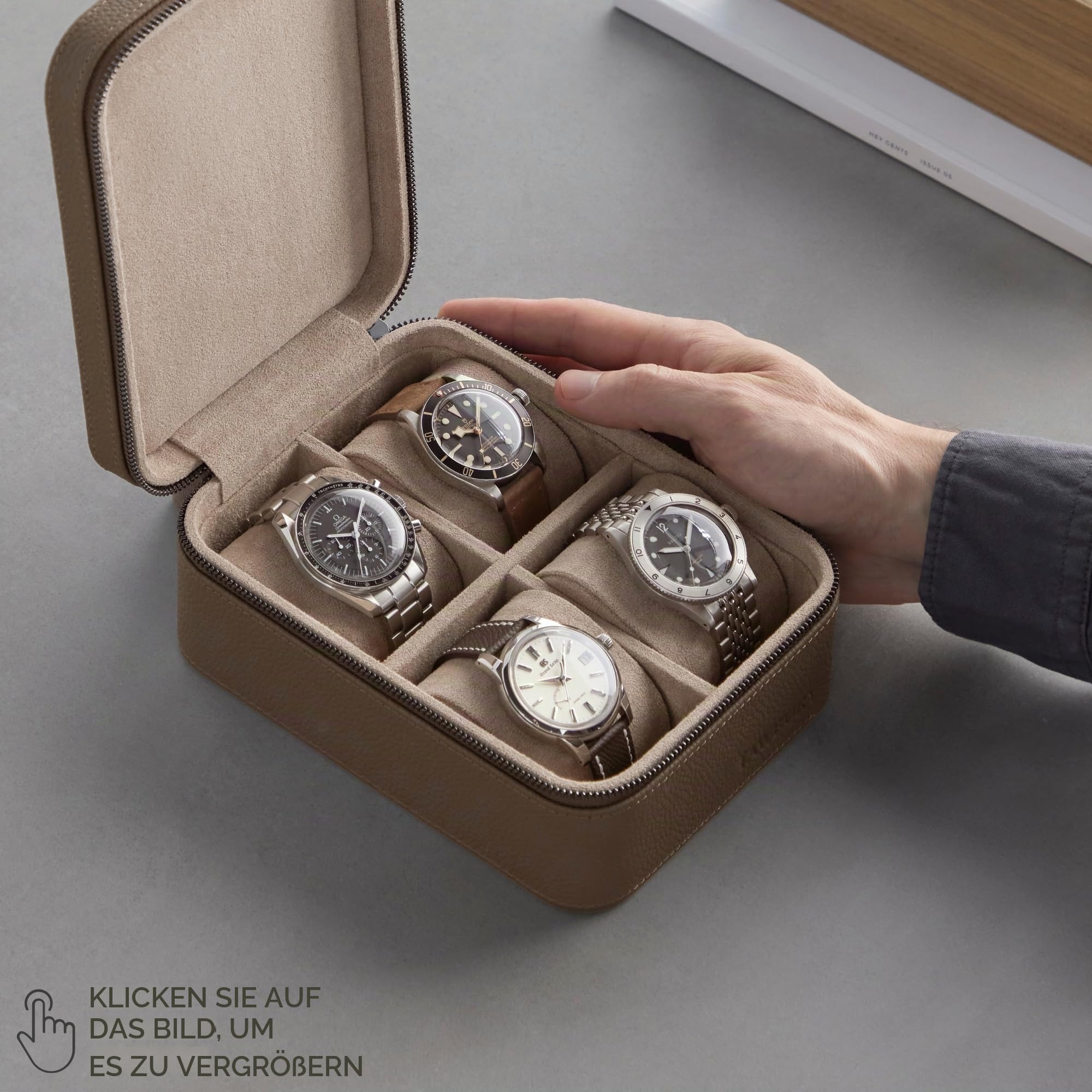 TAWBURY Leder-Uhrenbox mit 4 Fächern – Elegante und sichere Aufbewahrung für Ihre Uhren (Taupe)