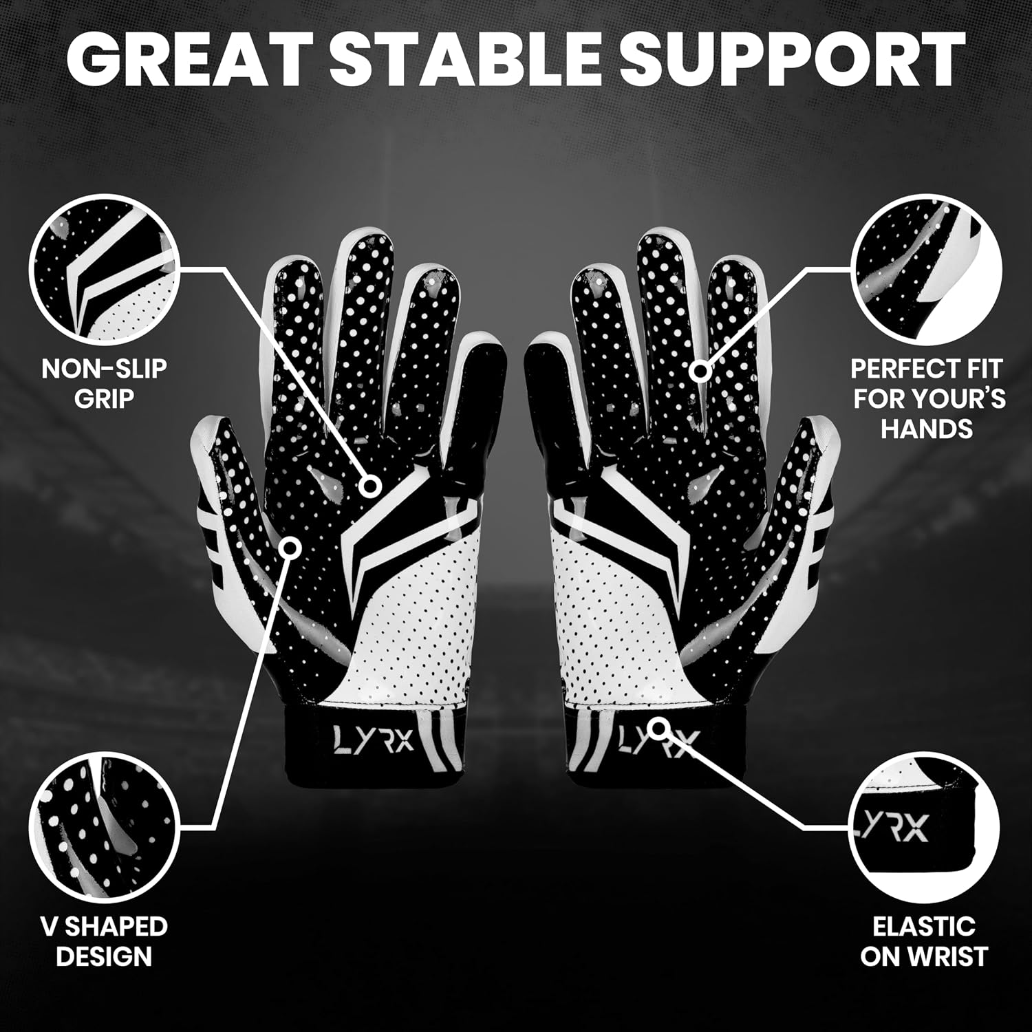 LYRX Professional Football Receiver Gloves with Optimal Silicone Palm Non-Slip Grip Control Ultra-Stick Sports Lightweight Glove and Precision Fit, Black Shine, Youth Medium
