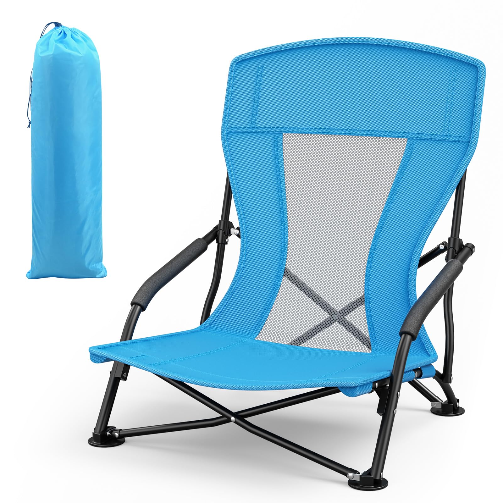 Rhyvorax Portable Folding Beach Chair with Carry Bag, Low Camping Chair with Padded Armrests & Mesh Back, Lightweight Outdoor Chair Supports 120kg for Camping, Picnic, Festivals (Blue)