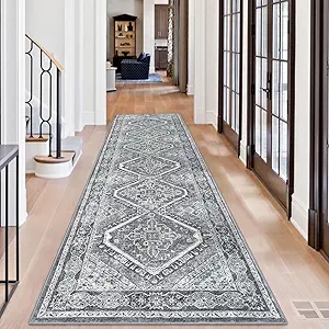 KUTA 3x10 Grey Oriental Area Rug for Living Room, Vintage Washable Kitchen Rugs Non Slip, Ultra Soft Printed Distressed Traditional Medallion Entry Low-Pile Throw Carpet for Bedroom