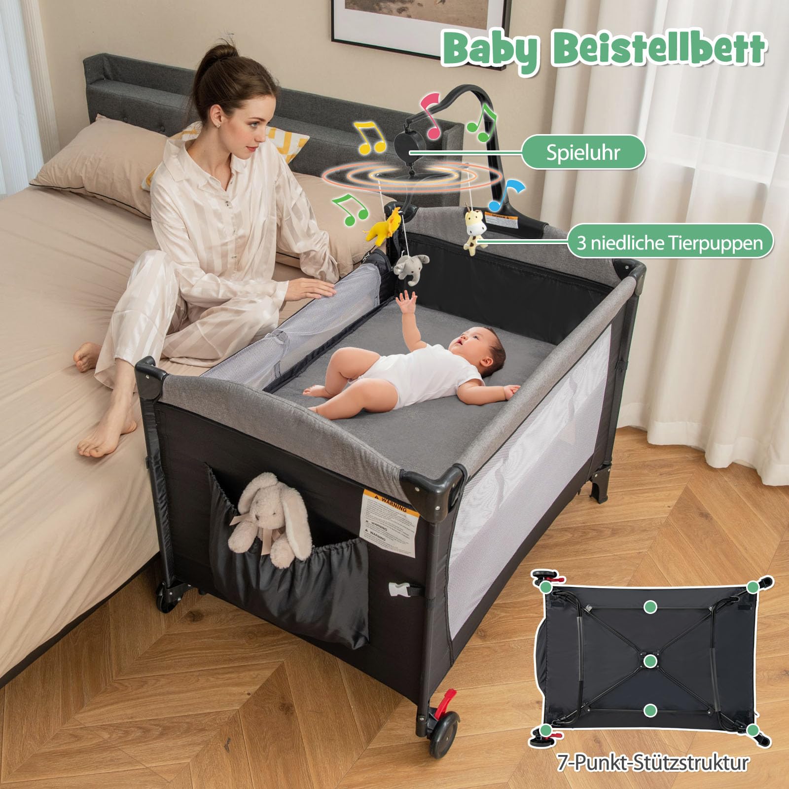 DREAMADE 5 in 1 Reisebett Baby, 120 x 60cm Beistellbett mit Matratze & Wickeltisch, Spieluhr & Spielzeug, höhenverstellbares Babybett für Baby ab Geburt(Dunkelgrau)