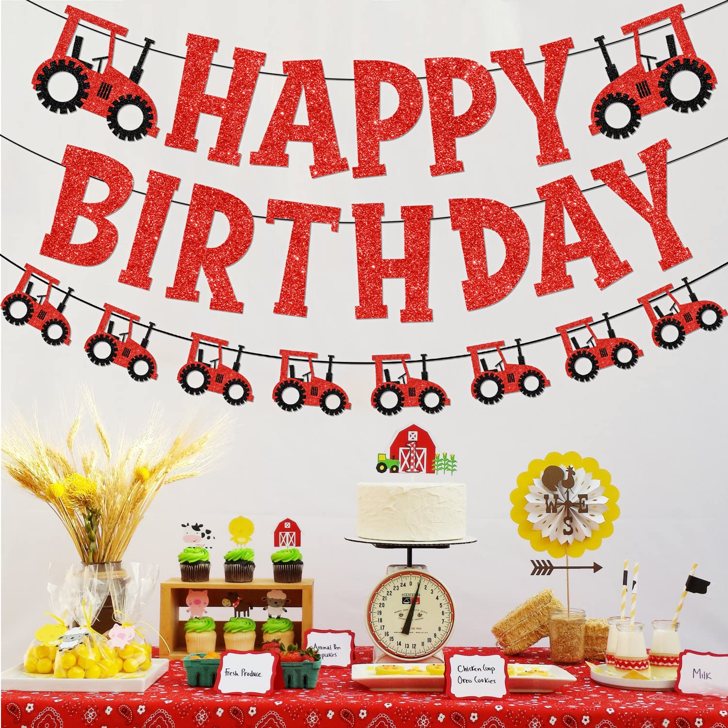 Decoración de fiesta temática de tractor, decoración de fiesta de cumpleaños de tractor rojo de granja, guirnalda de tractor de feliz cumpleaños con purpurina roja para fiesta de cumpleaños de tractor