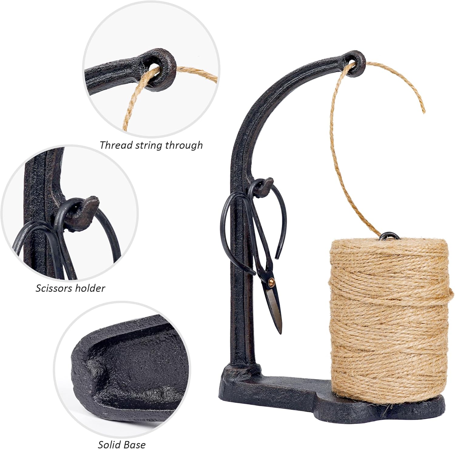 Vintage Style Cast Iron Twine and Shears Set Twine Holder with Scissors and Jute Twine Roll for Crafting, Gardening, Kitchen, Gift Wrapping, Black
