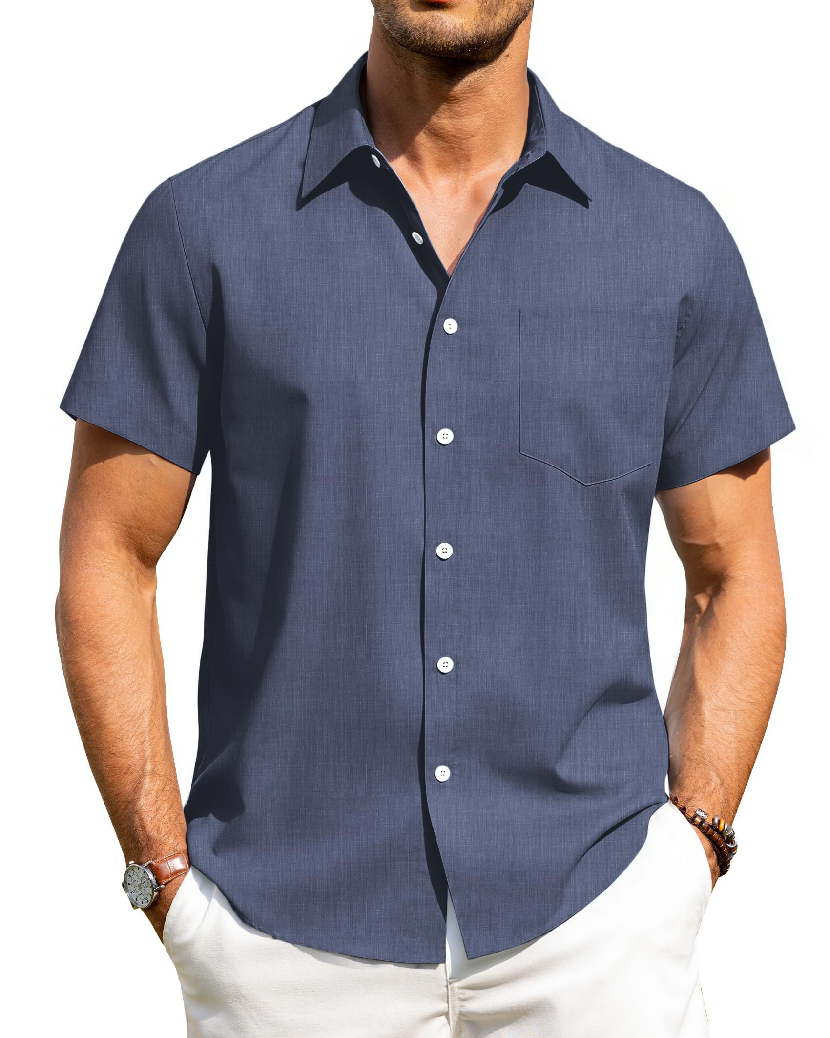 HMIYA Herren Hemd Kruzarm reizeit Button Down Shirt Sommer Strandhemd Freizeithemd Regular mit Tasche