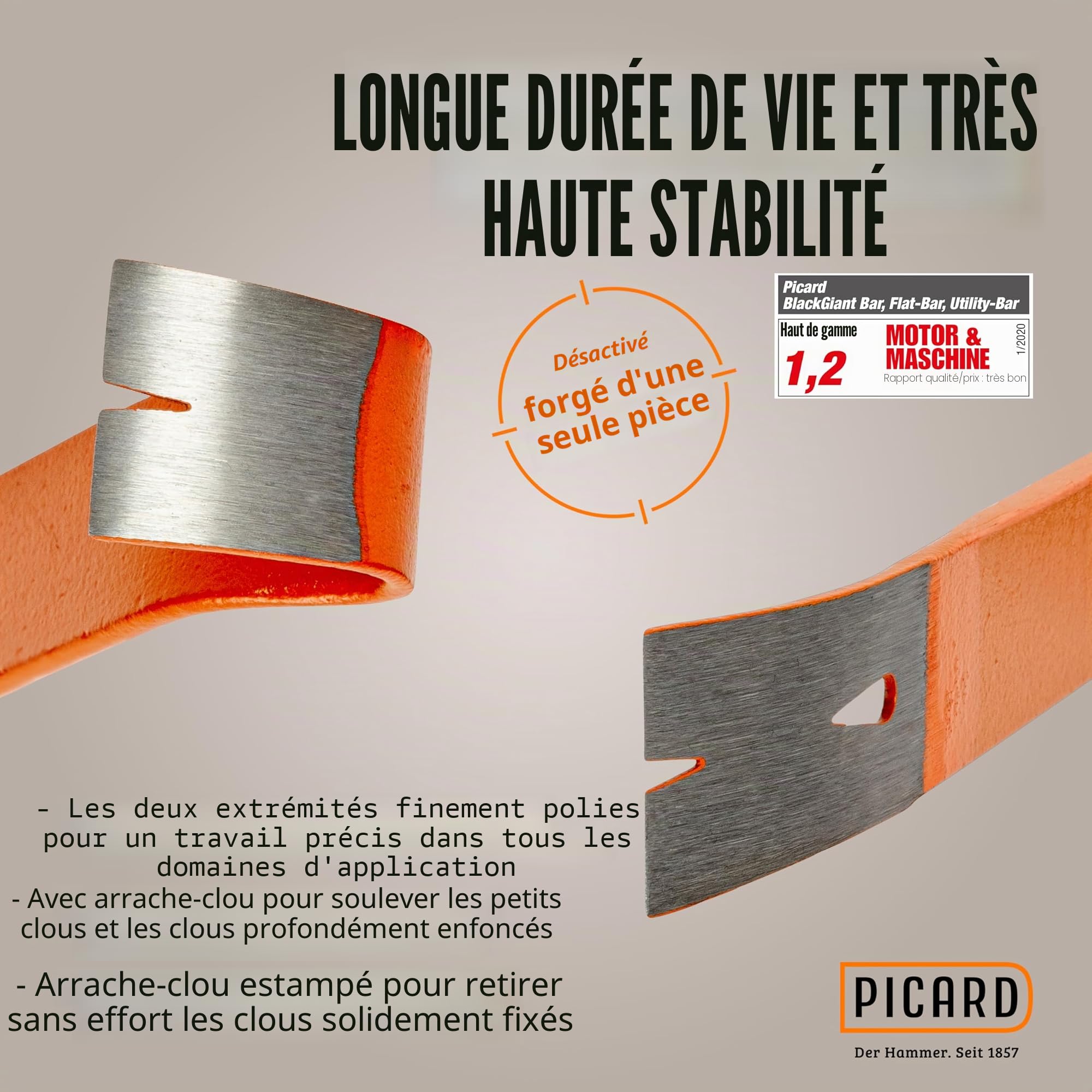 PICARD marteau de charpentier no. 298 + Mini pied-de-biche BlackGiant® + Sticker | Outil couvreur professionnel 600 g | Manche acier chromé-molybdène | Porte-clou magnétique | Avec arrache clou