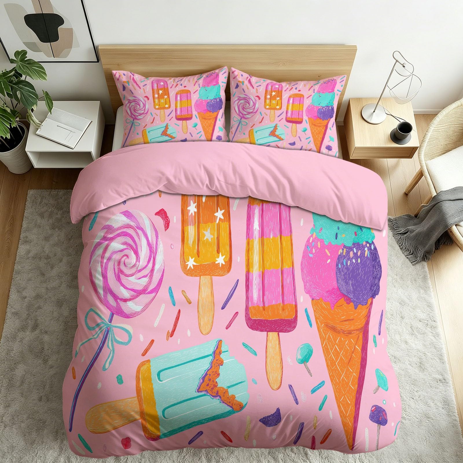 Parure de lit en microfibre glace rose pour créer une ambiance pop dans la chambre adulte