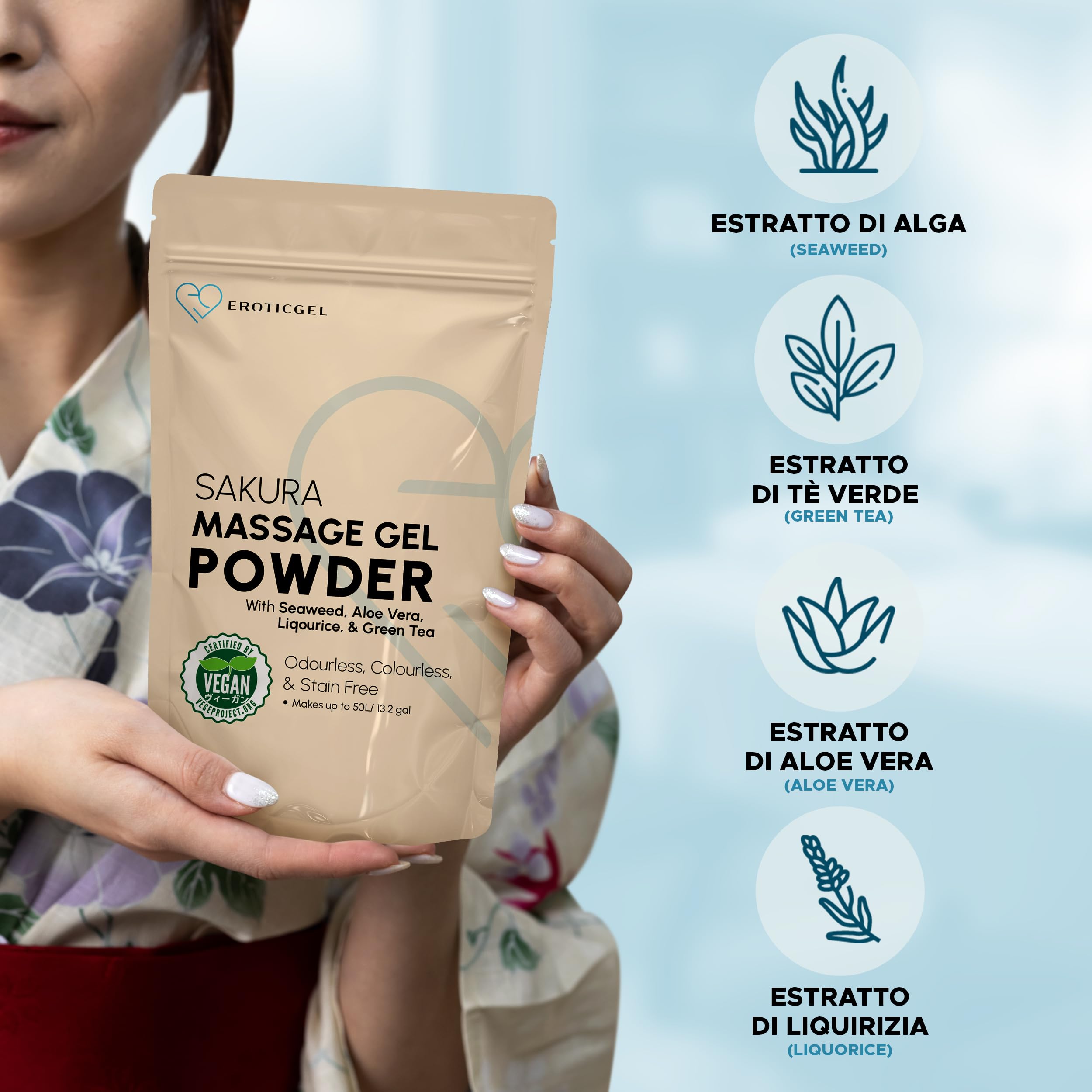 Polvere Gel da Massaggio Nuru Edizione Sakura 500g, Aloe Vera, Alga, Liquirizia e Te Verde, Uso Professionale, Stile Giapponese, Vegano, Senza Profumo, Base Acqua, Resa fino a 50 Litri